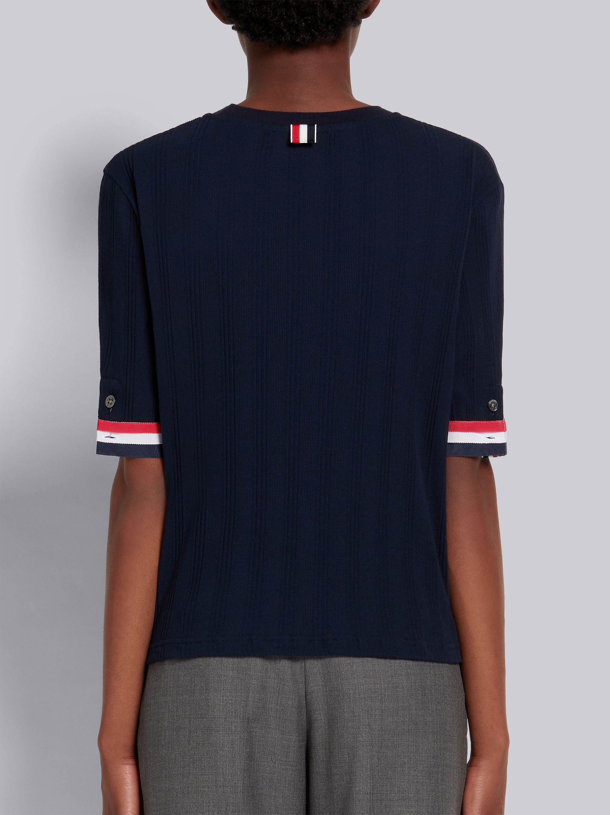 Navy High Twist Variegated Rib Tee Grosgrain Cuff Short-sleeved Tee - 3