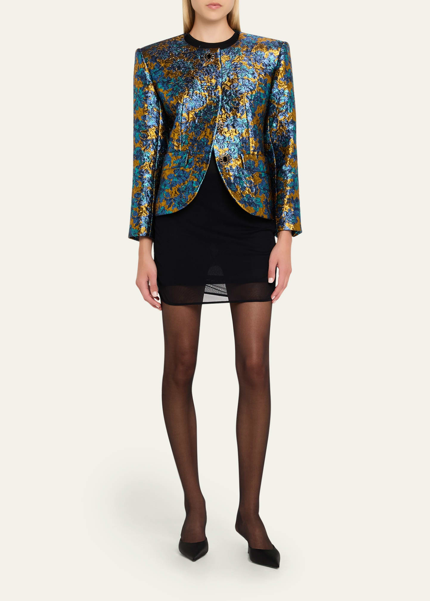 Metallic Floral Brocade Single-Breasted Jacket - 2