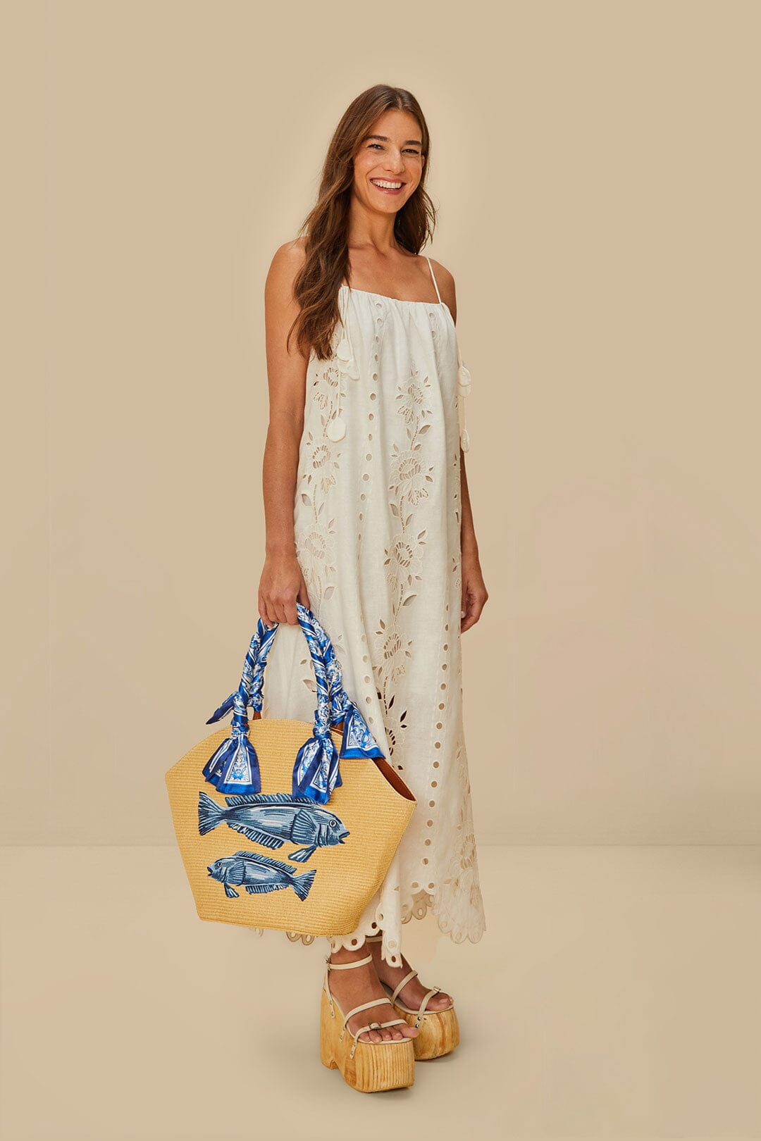 Blue Garden Tiles Raffia Shell Tote - 4