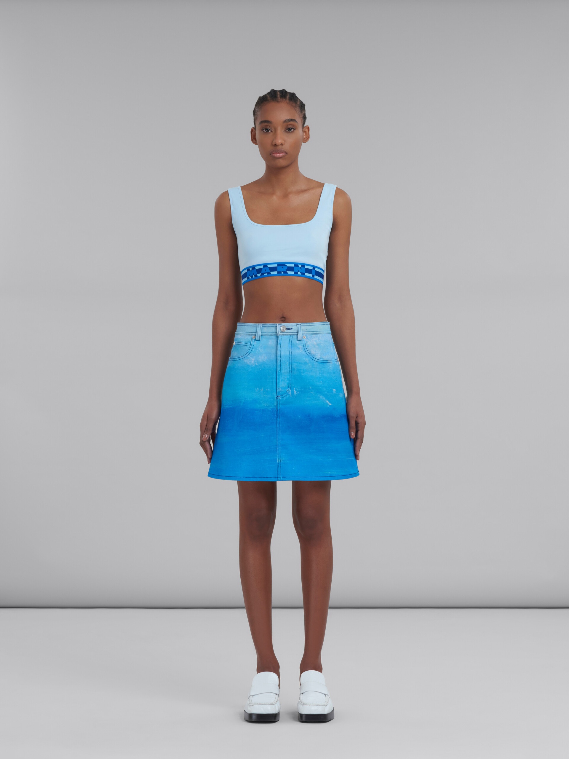 Marni BLUE COTTON DRILL A LINE SKIRT WITH NOTTE GIORNO PRINT REVERSIBLE