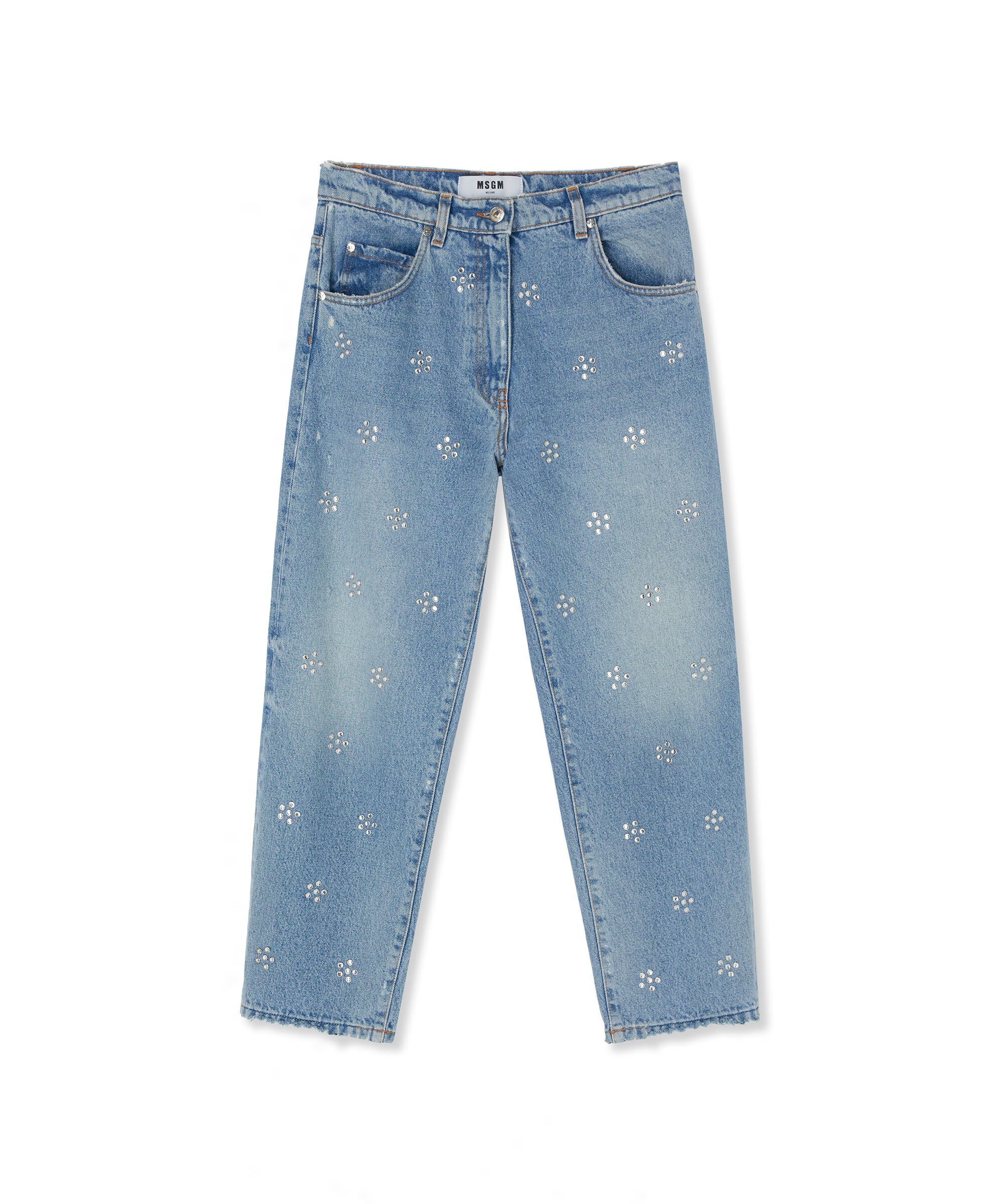 Blue denim pants wih 5 pockets and daisy rhinestone application - 1