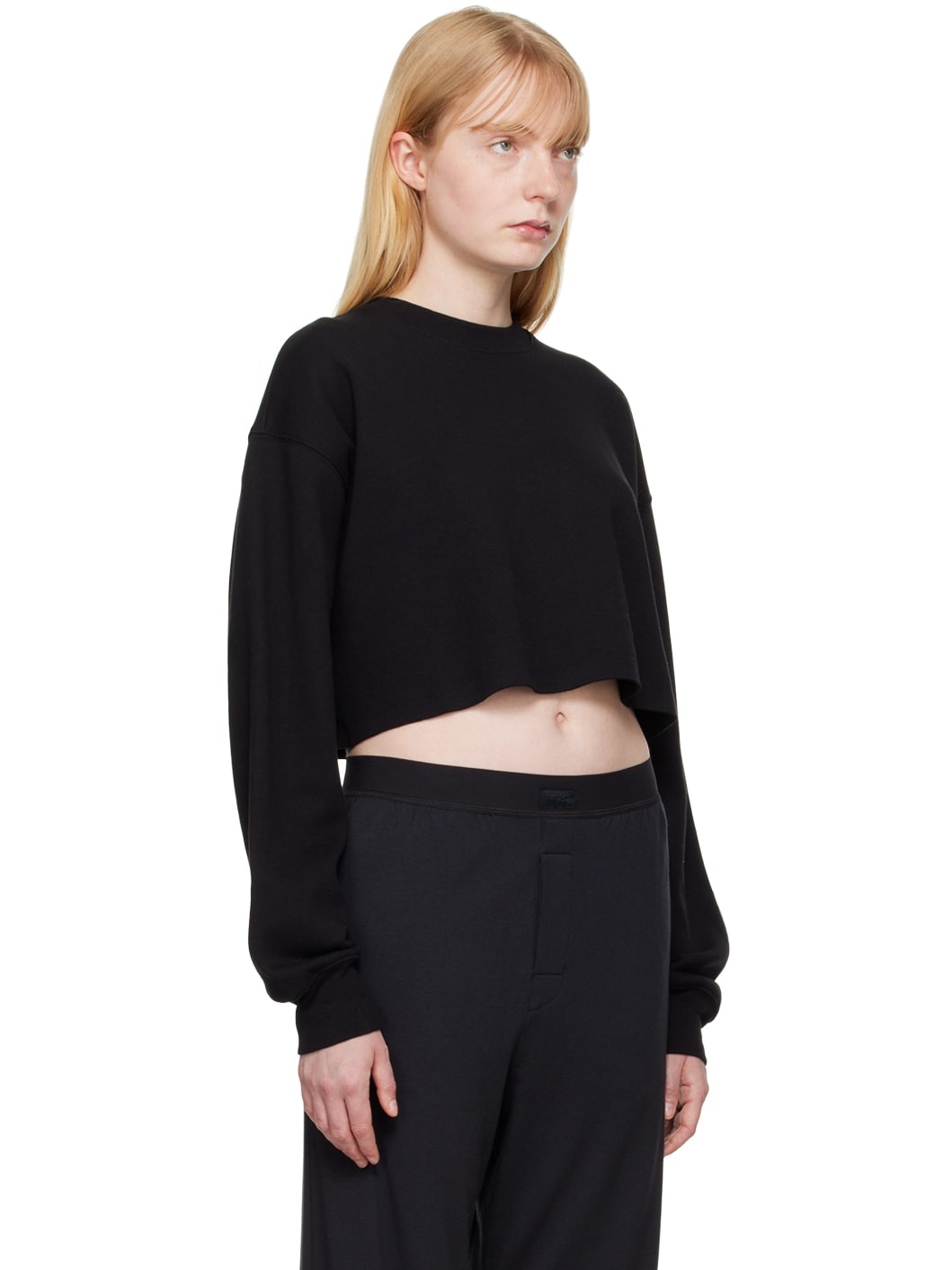 Black Cotton Fleece Cropped Sweatshirt - 2