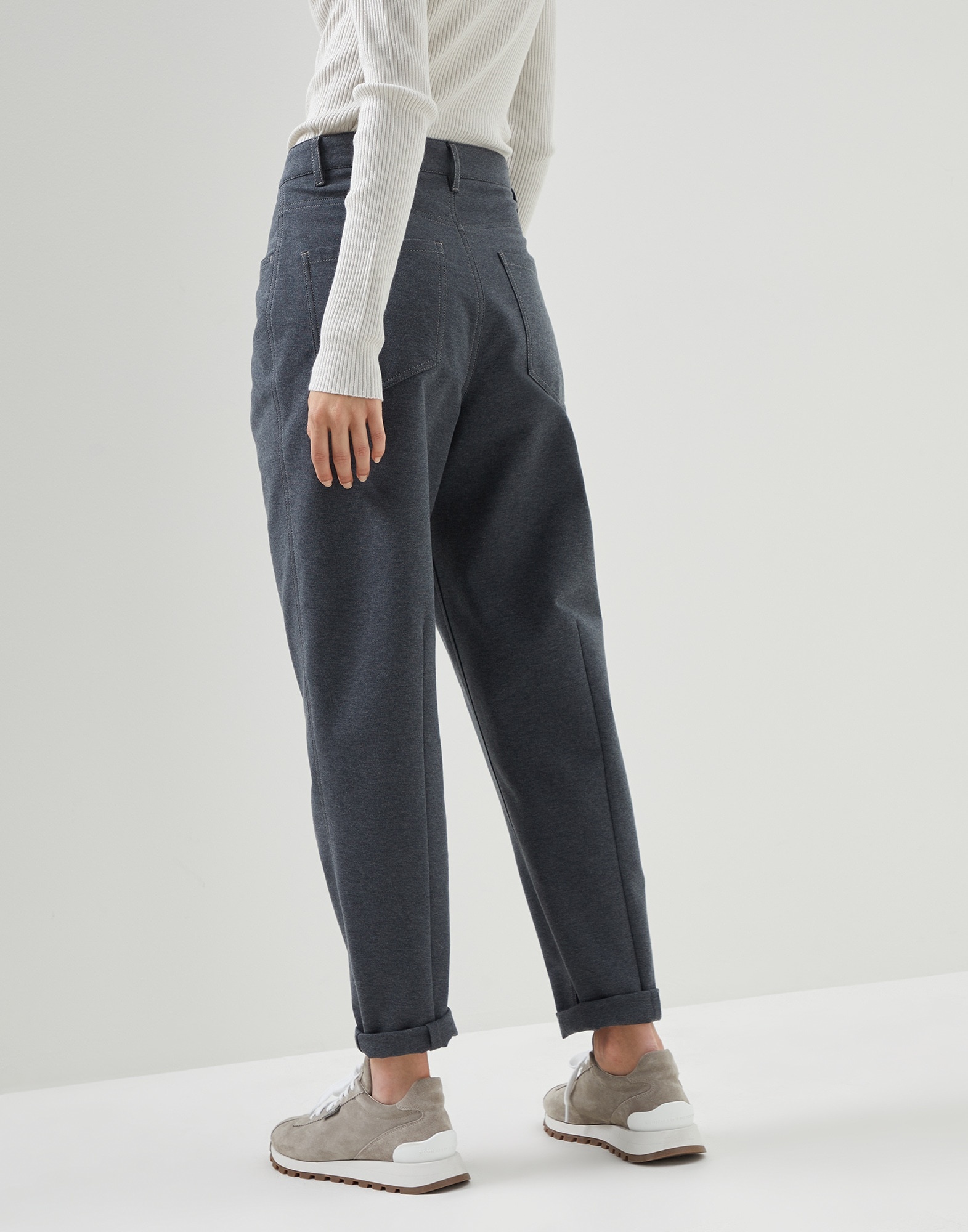 Stretch cotton couture interlock five-pocket curved trousers with shiny tab - 2