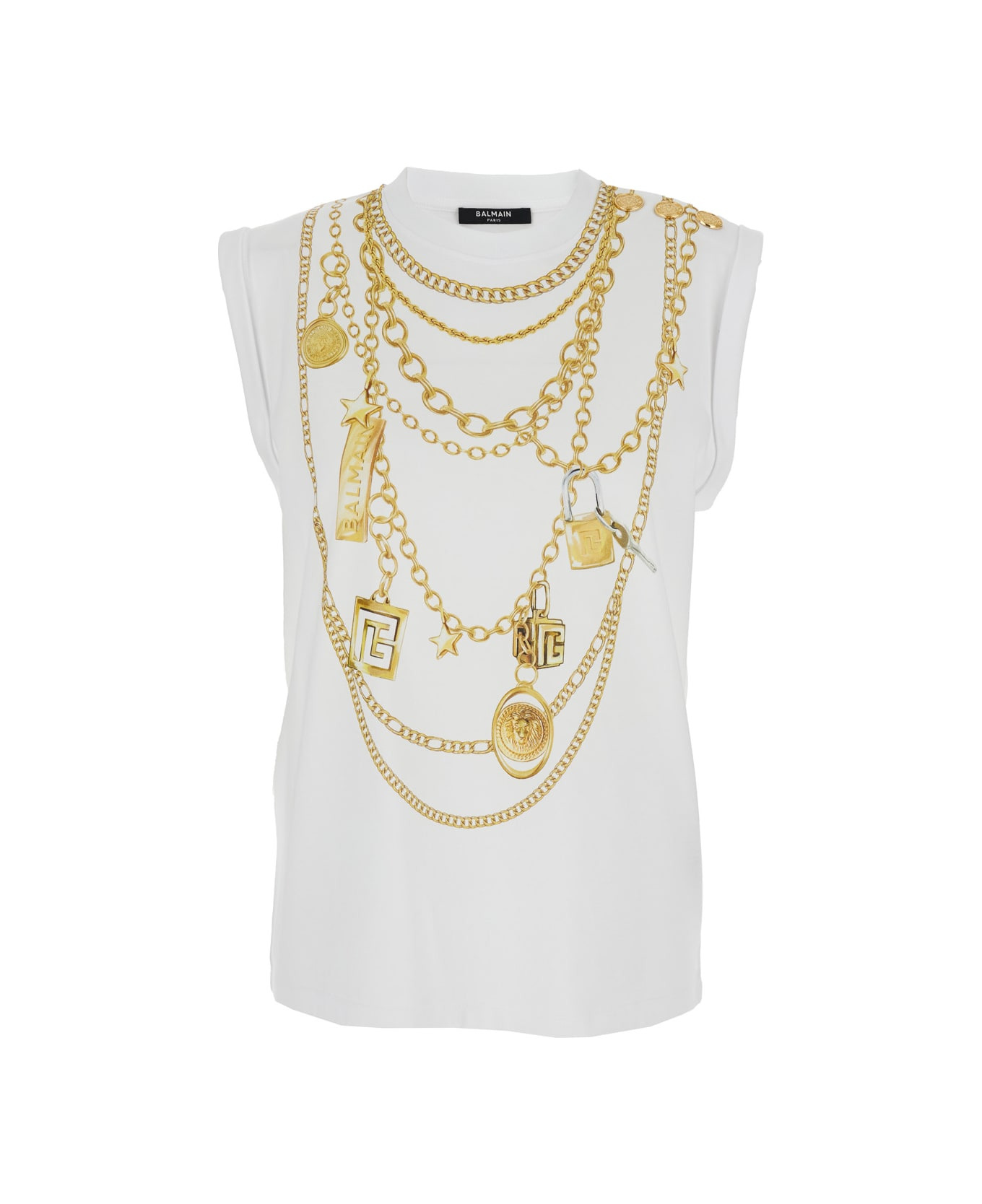 White Sleeveless Top With Maxi Necklace Print On Front And Rear In Cotton Woman - 1