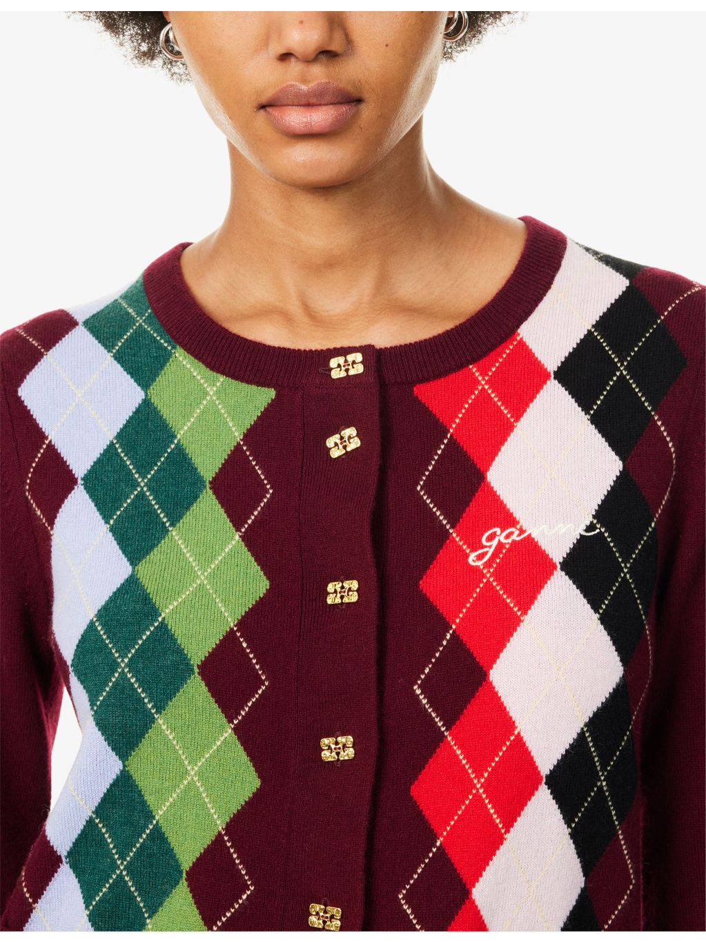 Rhombus-Print Round-Neck Wool And Cashmere Cardigan - 5
