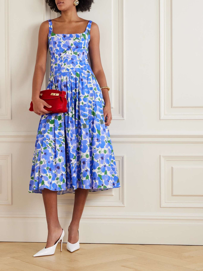 CAROLINA HERRERA Pleated floral-print cotton-blend poplin midi dress Blue outlook