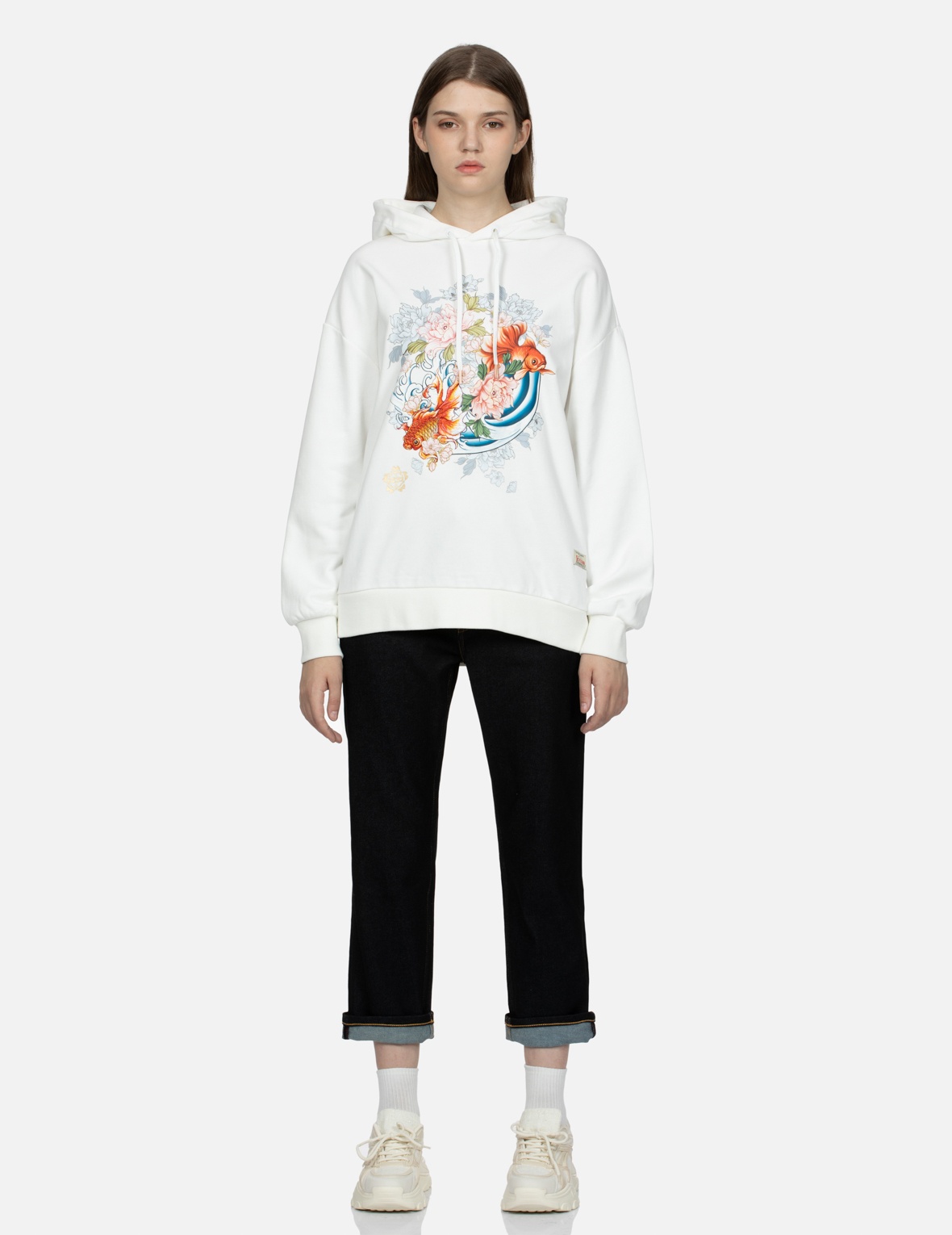 EMBROIDERY GOLDFISH AND FLORAL FLOW BRUSHSTROKE DAICOCK PRINT BOYFRIEND JEANS - 6