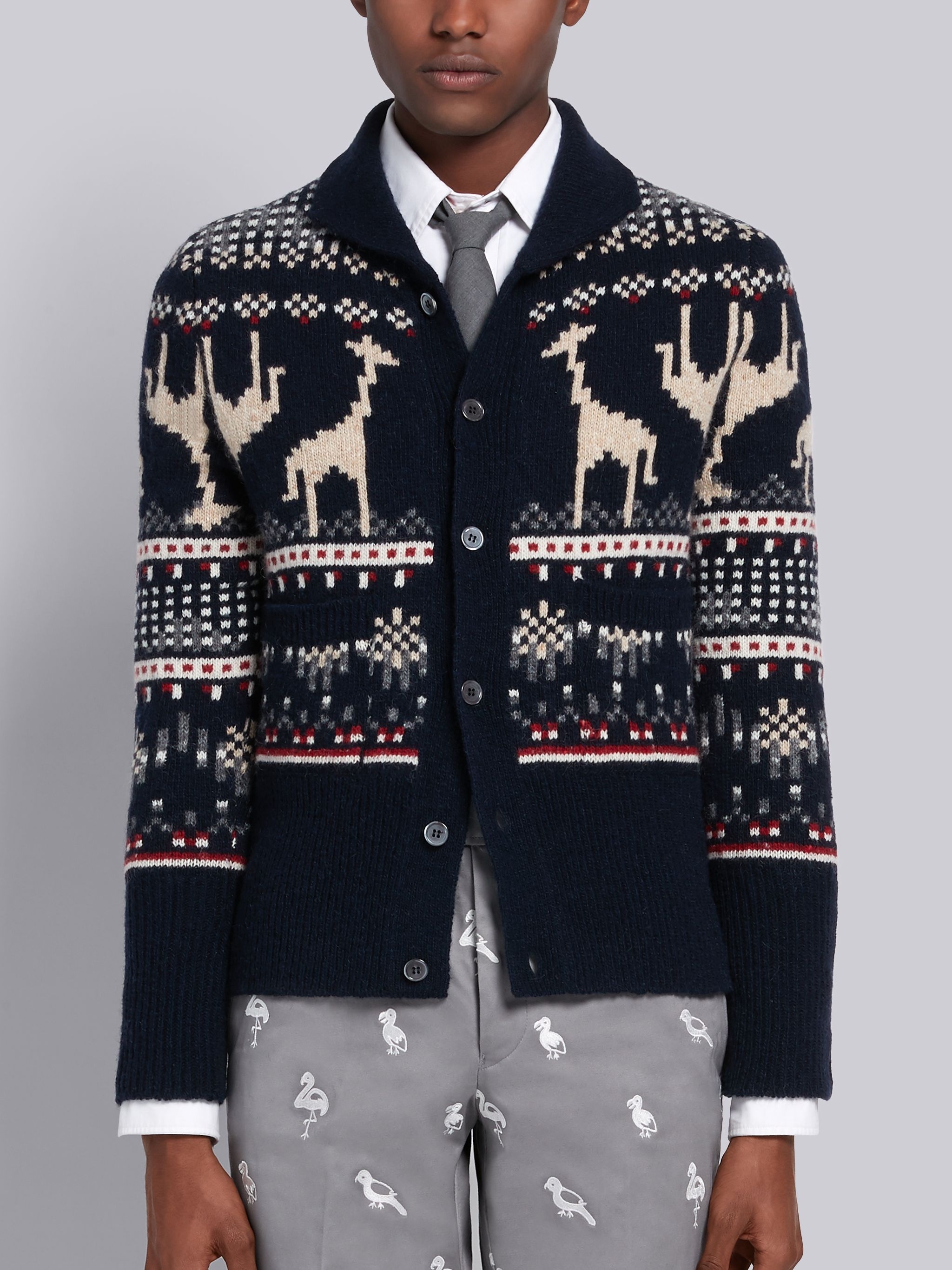 Navy Mohair Wool Tweed Giraffe Icon Fair Isle Classic Cardigan - 1