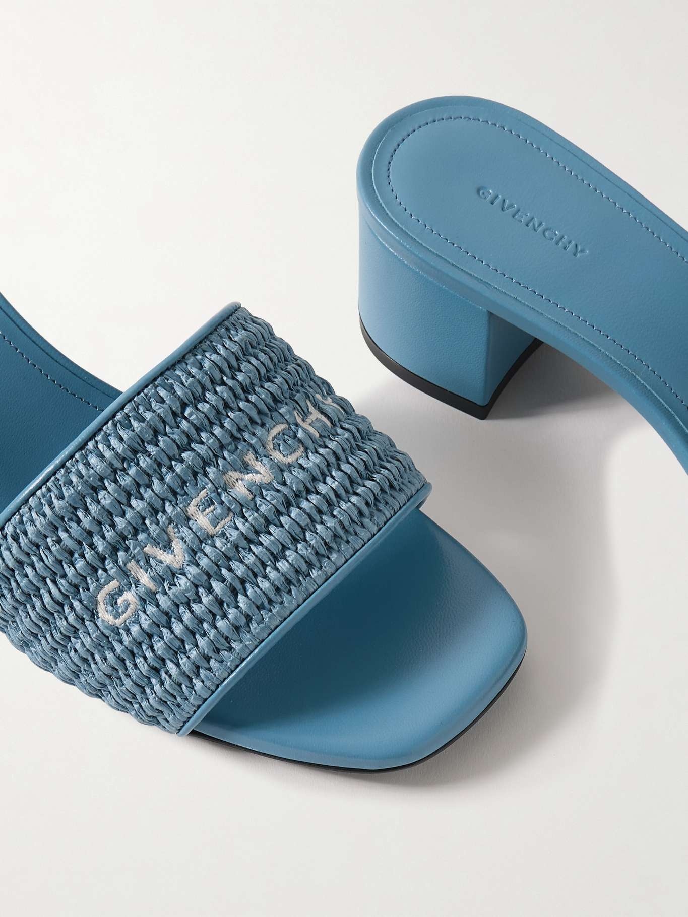 4G leather-trimmed embroidered raffia mules - 4