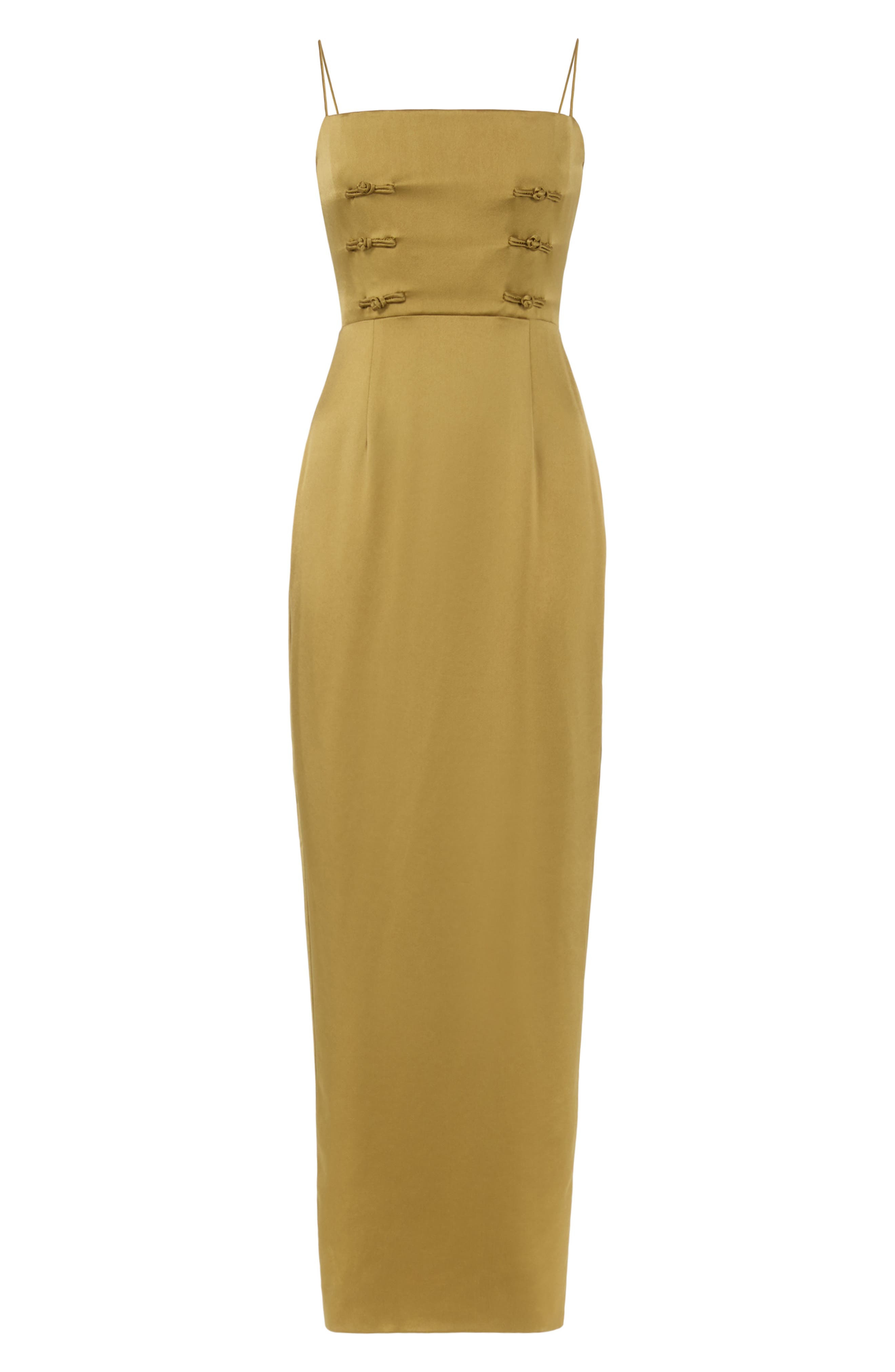 SAU LEE Taylor Knot Detail Satin Column Gown in Golden Olive at Nordstrom - 3