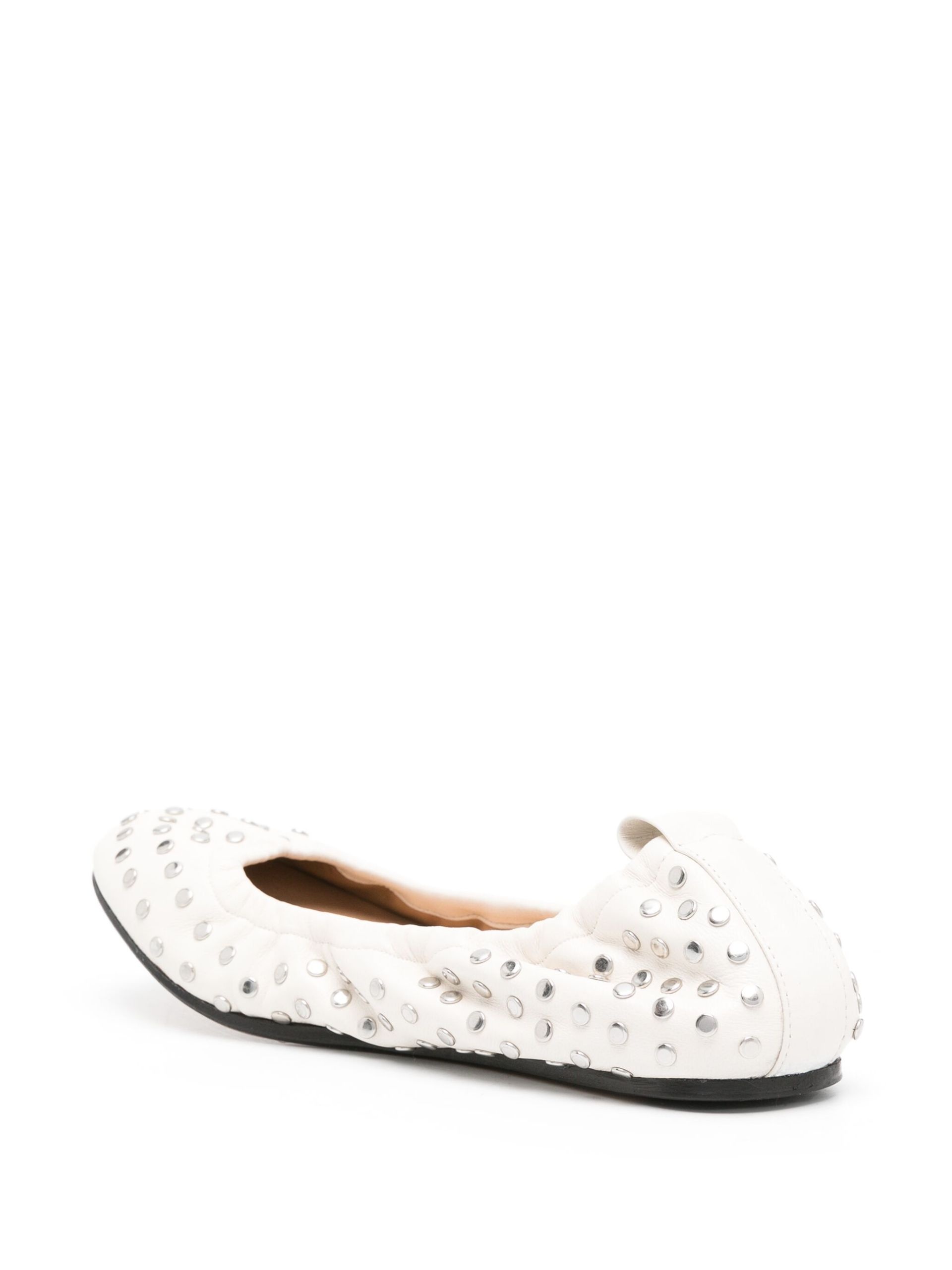 White Stud-Embellished Leather Ballerina Shoes - 3