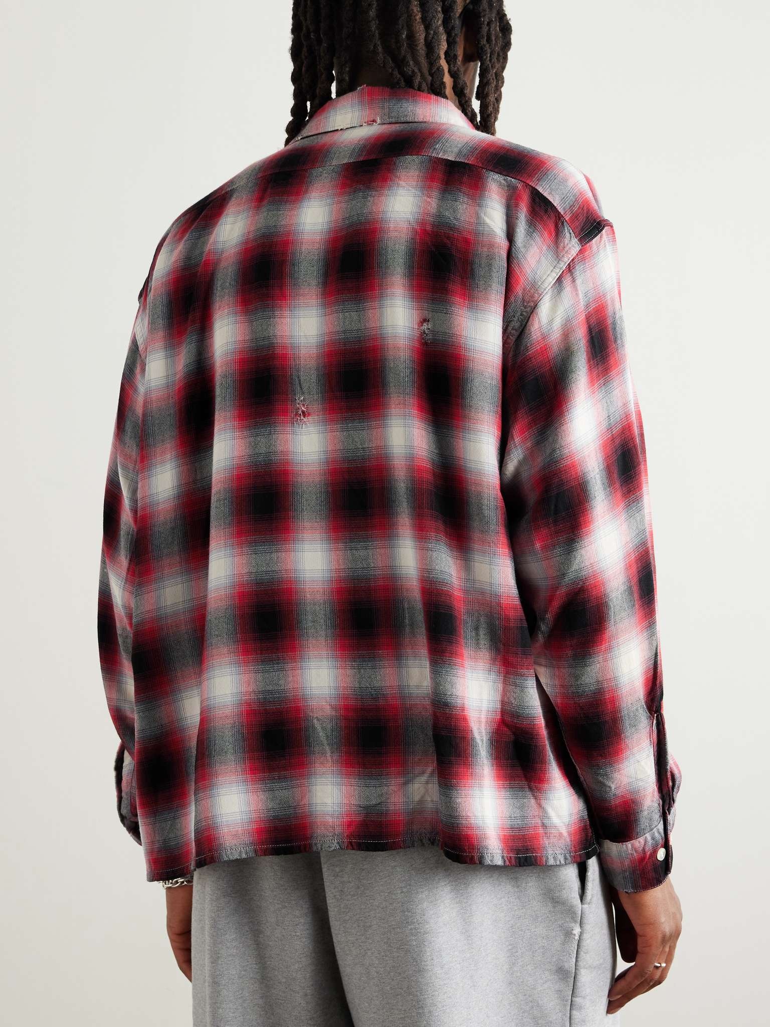 + LASTMAN Convertible-Collar Distressed Paint-Splattered Checked Oxford Shirt - 4