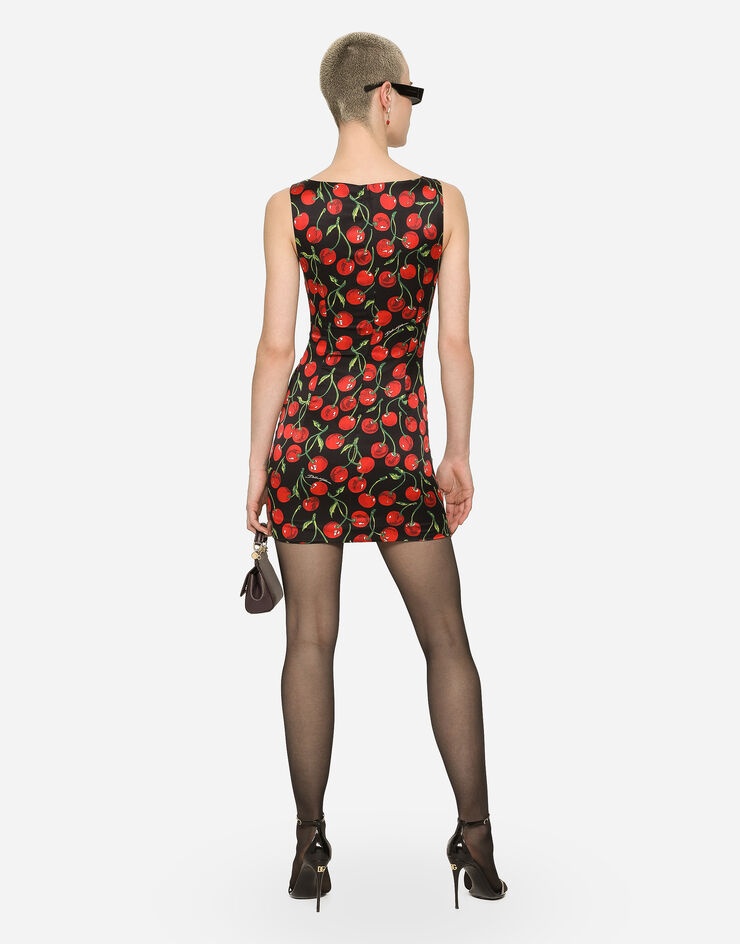 Short cherry-print satin dress - 3