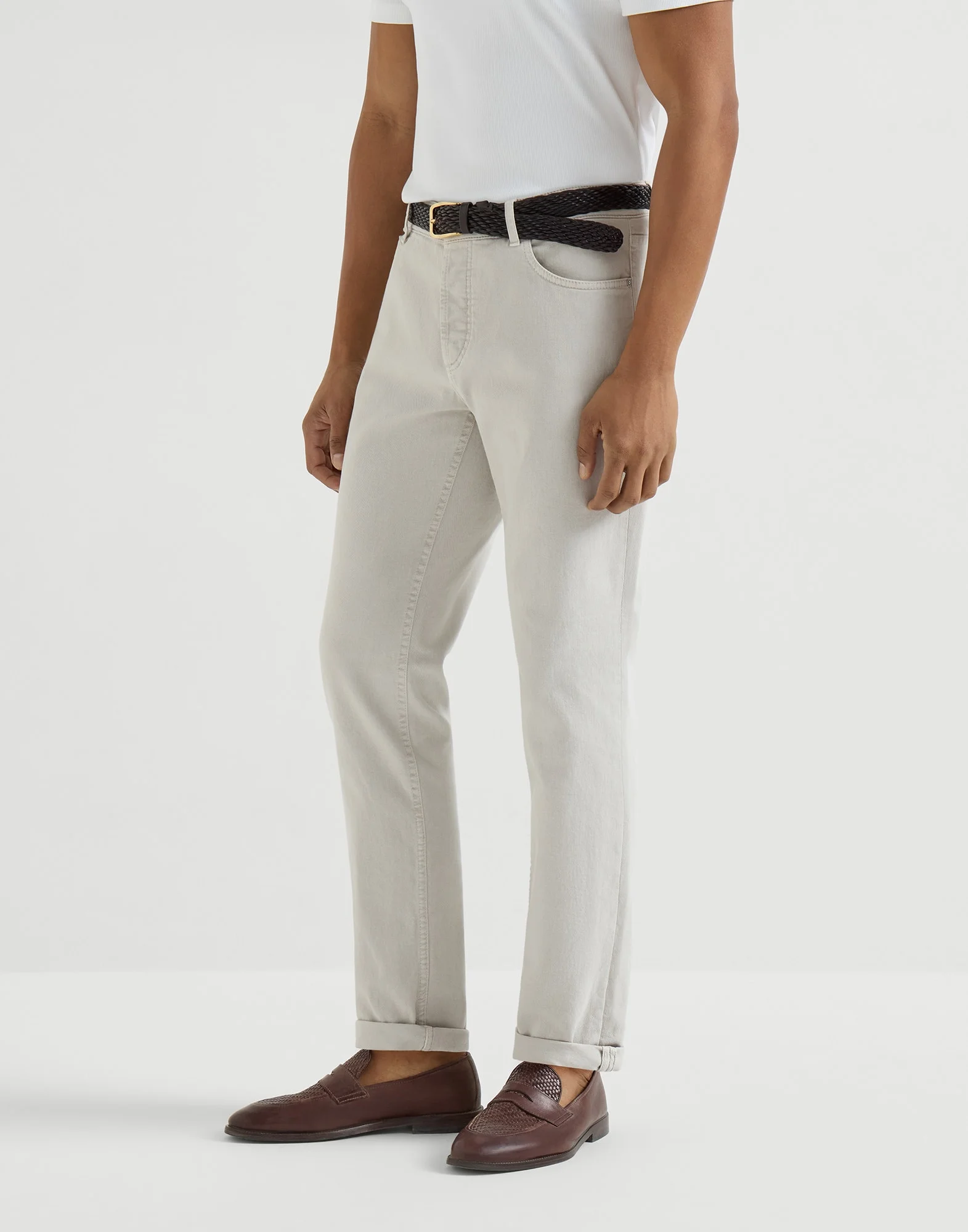 Garment-dyed comfort lightweight denim traditional fit five-pocket trousers - 1