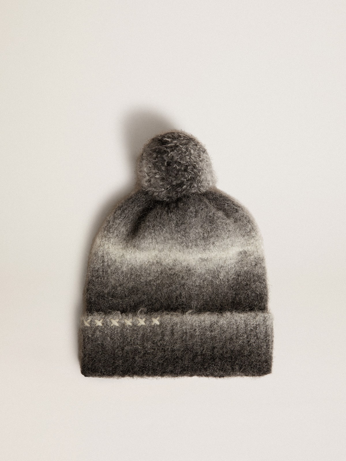 Black and white wool beanie with pompom - 1