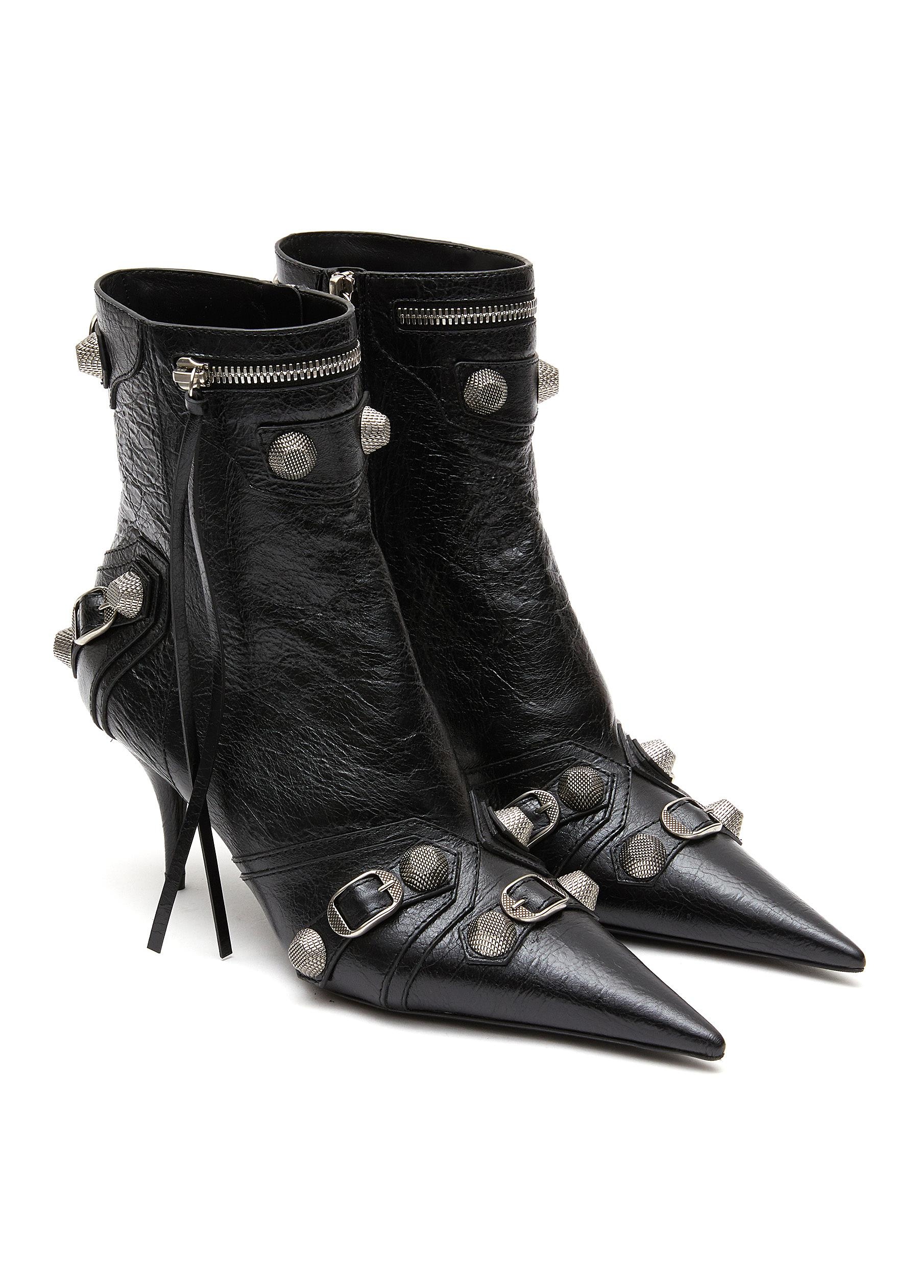 ‘CAGOLE’ METAL STUD POINTED TOE LEATHER HEELED BOOTS - 3