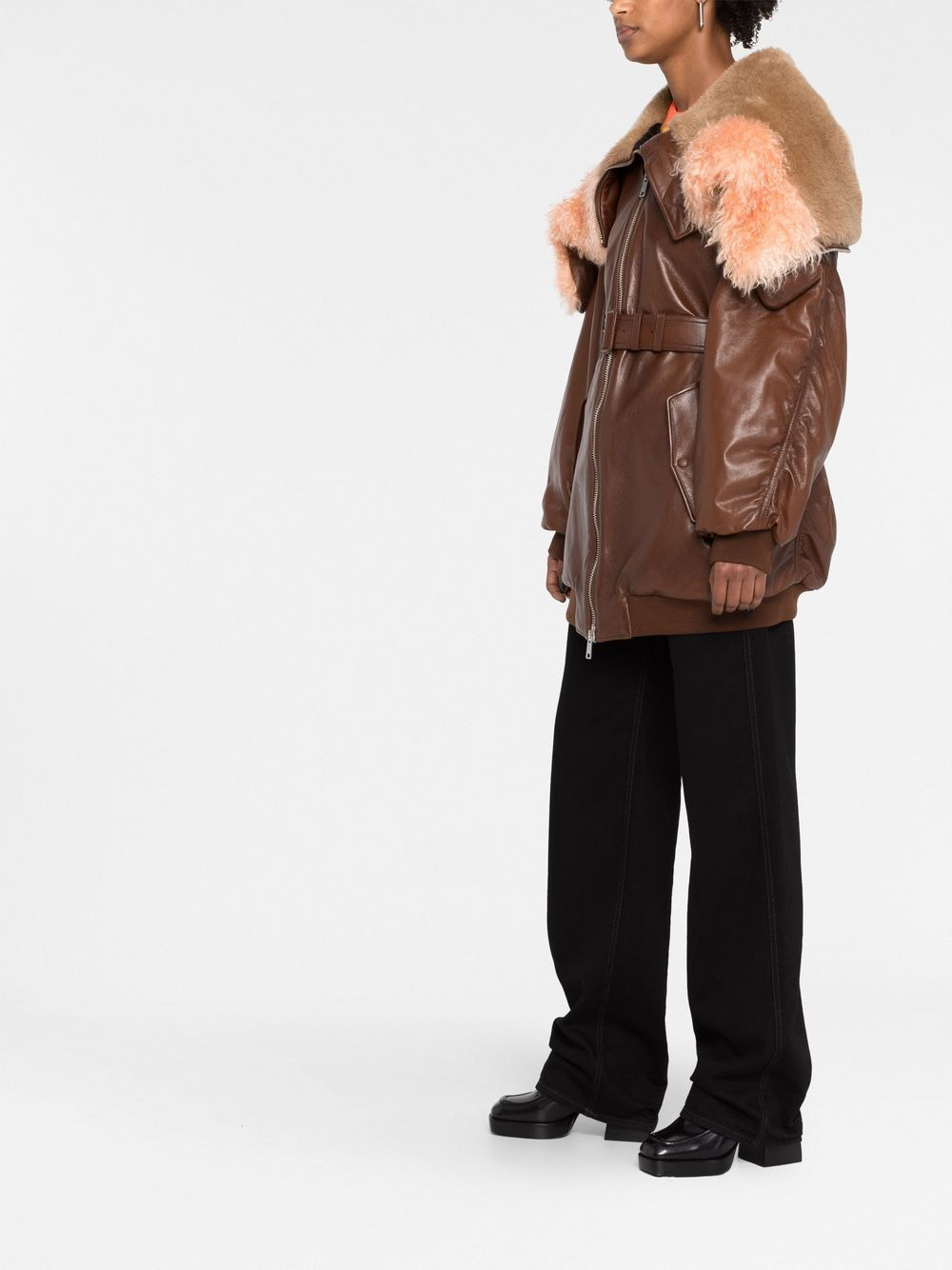 shearling-trim zip-up leather jacket - 6