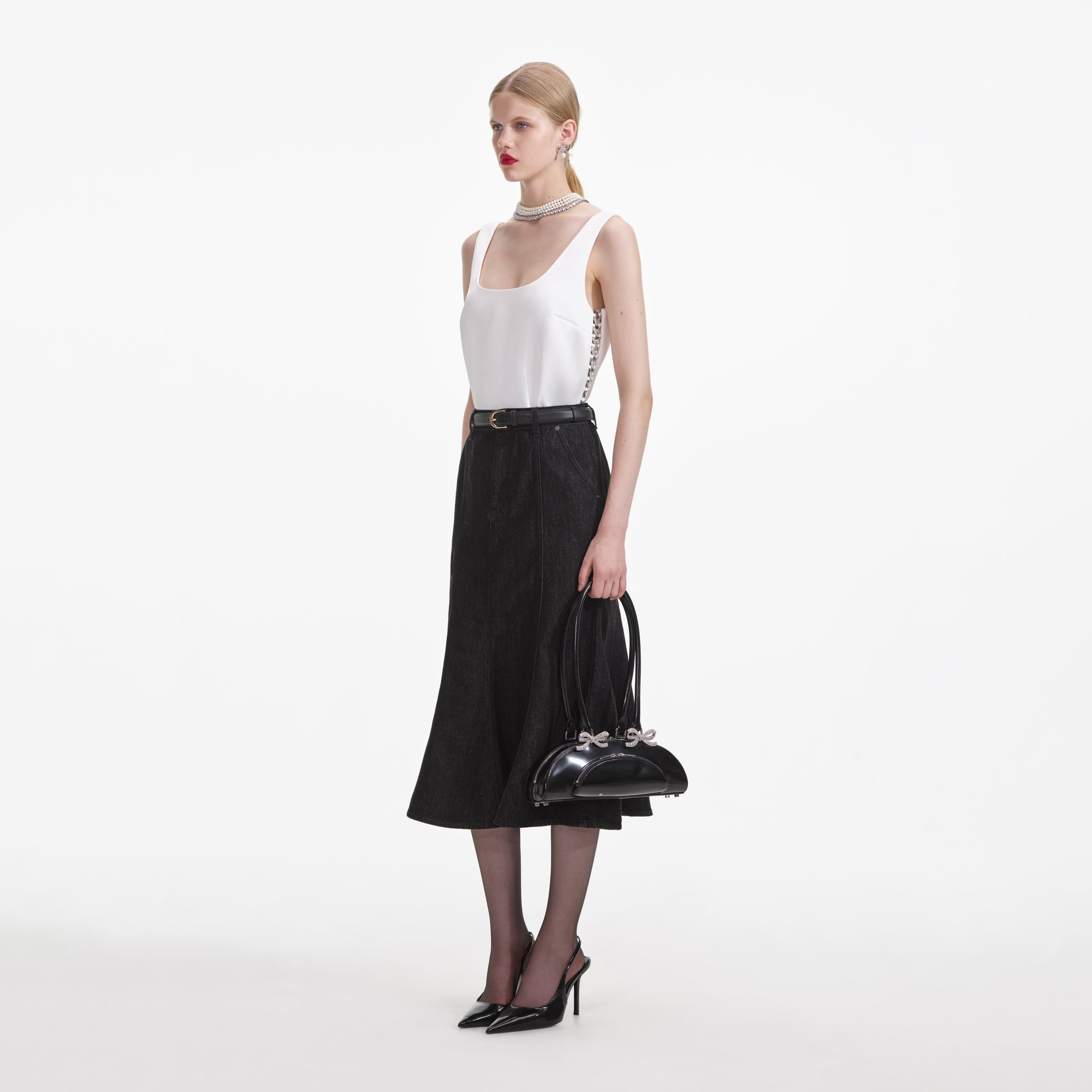Black Flared Denim Midi Skirt - 2
