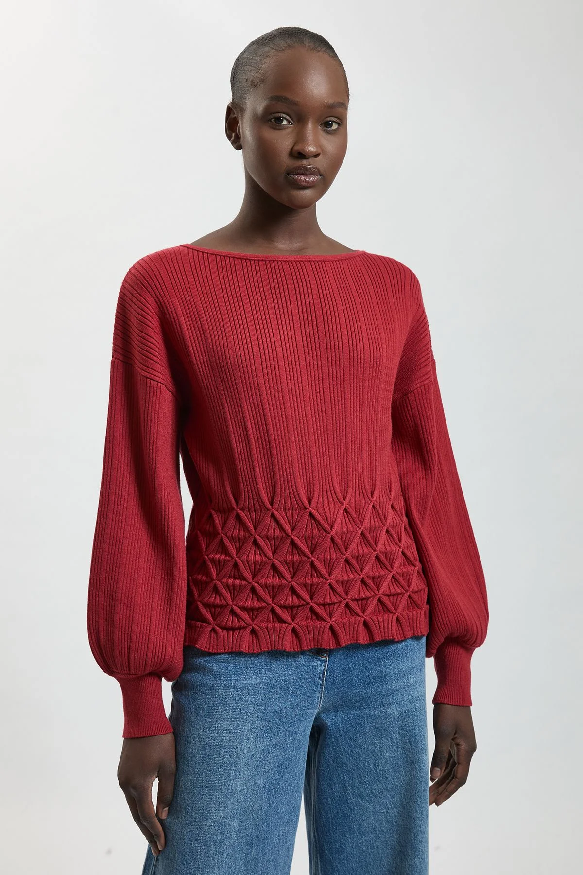 Ribbed Knit Long Sleeve Top With Manipulated Stitch Detail - 1
