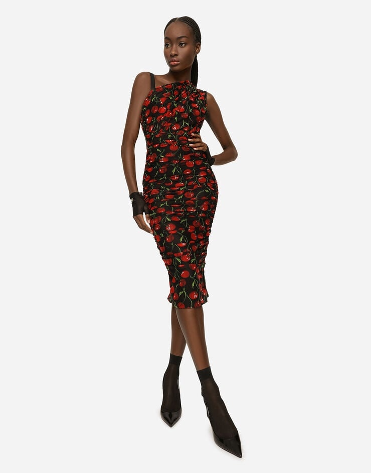 One-shoulder tulle midi dress with cherry print and draping - 5