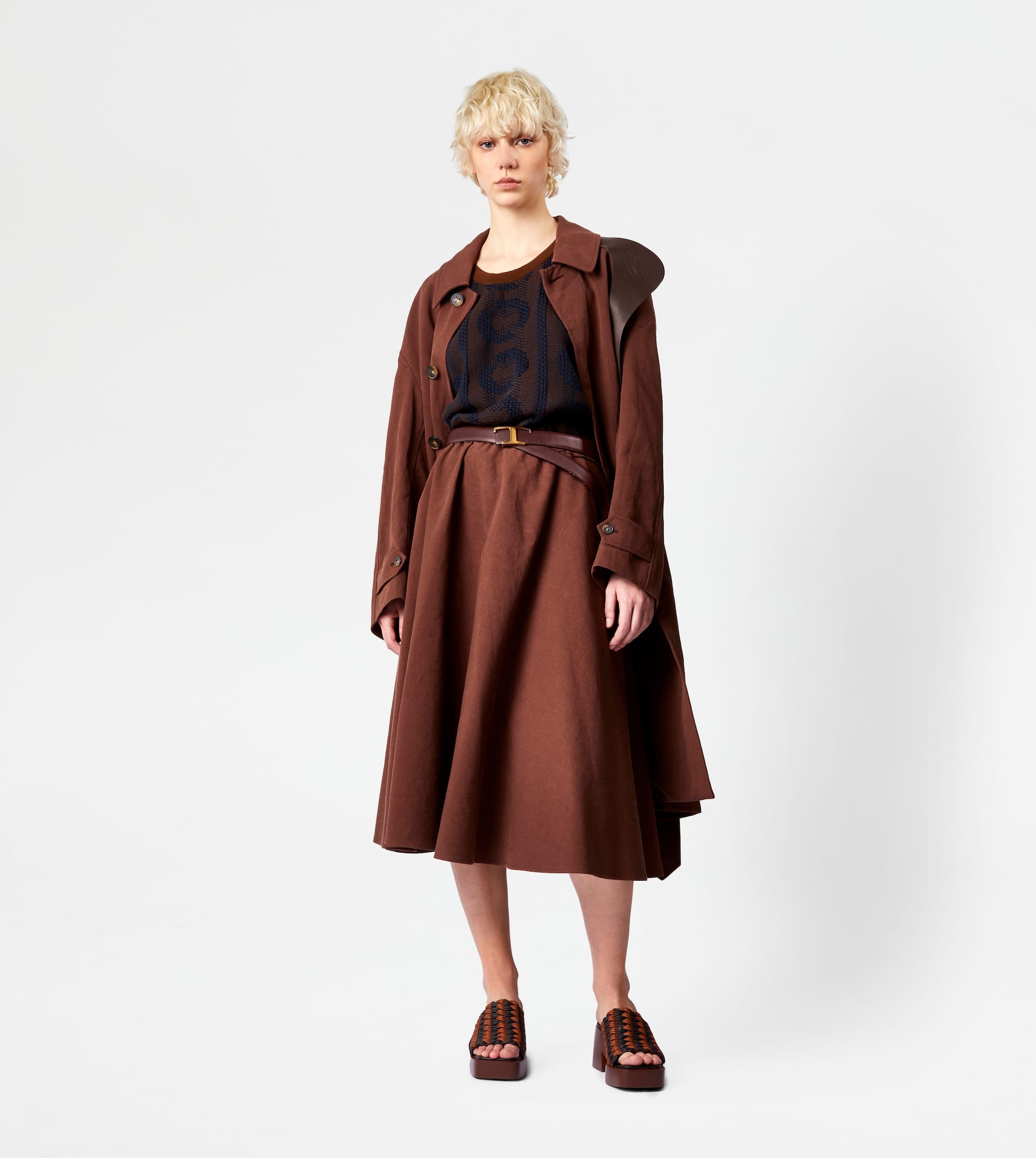 LINEN BLEND FLARED SKIRT - BROWN - 2