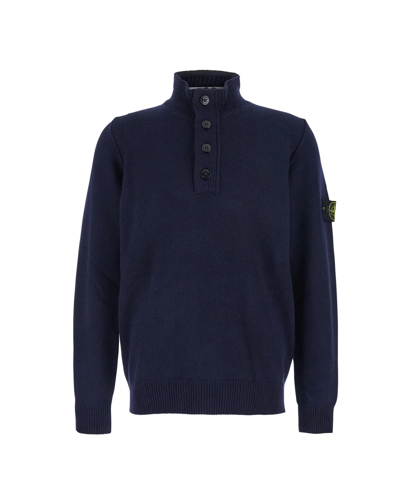 Blue High Neck Sweater With Button Closure On The Front And Logo Patch On The Sleeve In Wool Man - 1