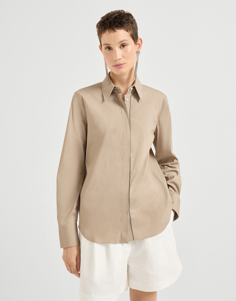 Stretch cotton poplin shirt with shiny trim 1