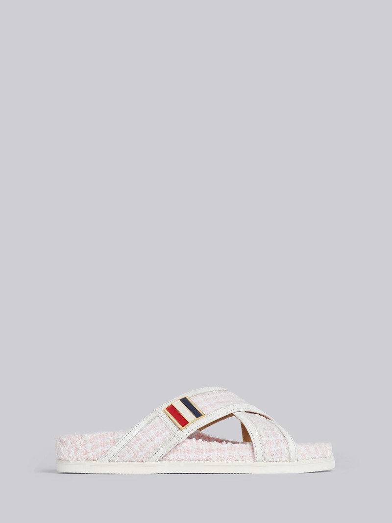 Light Pink Tweed Enamel Buckle Criss Cross Sandal 1