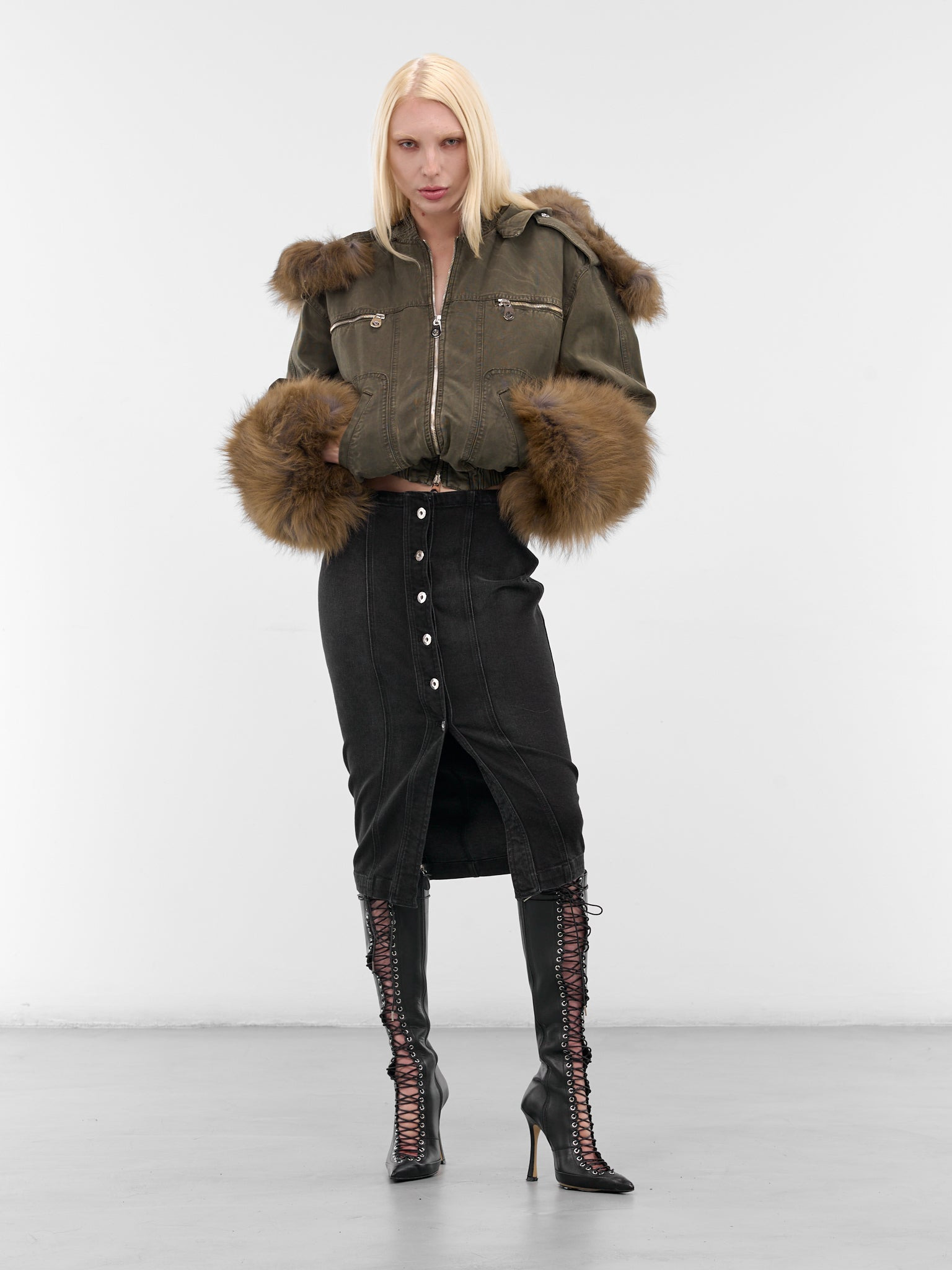 Green Fur Hood Cropped Bomber - 6