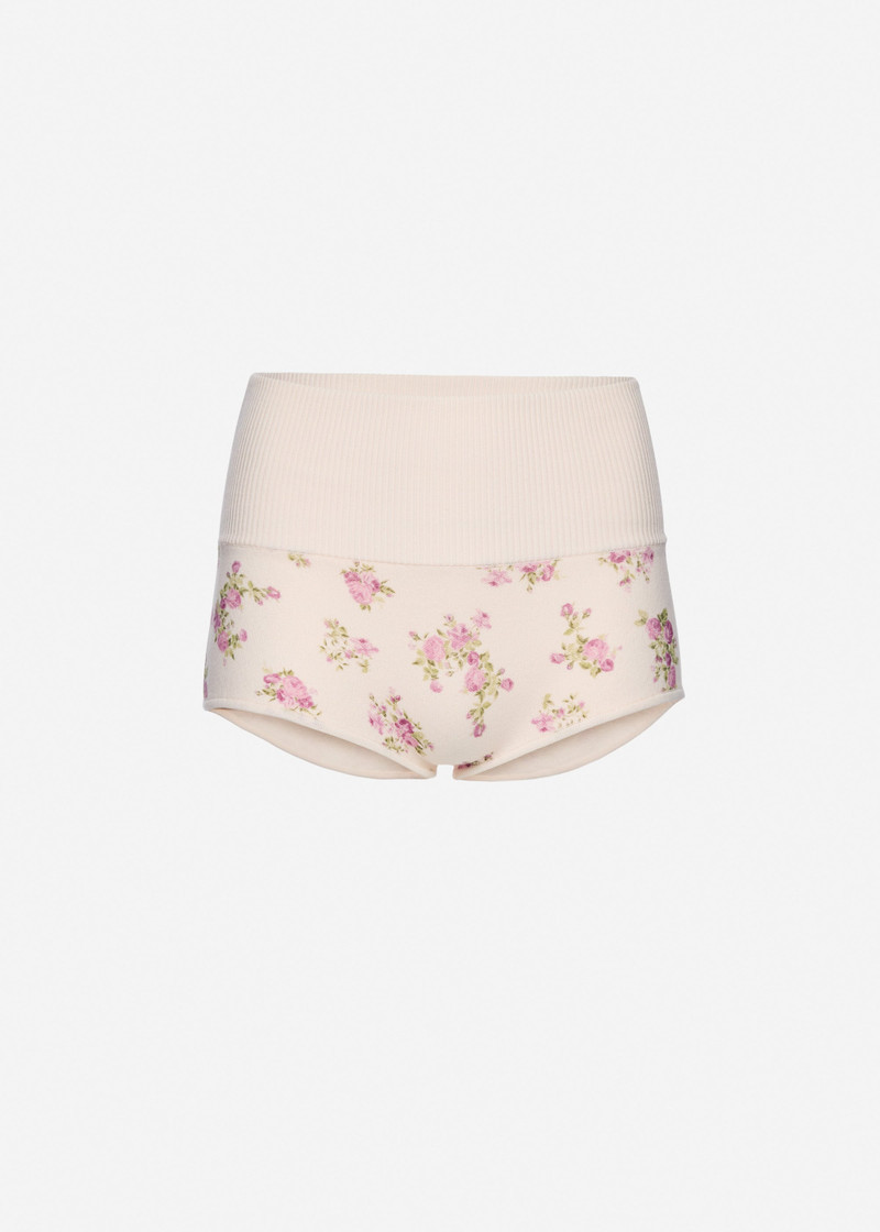 High-waisted cotton knit shorts in cream floral print 1