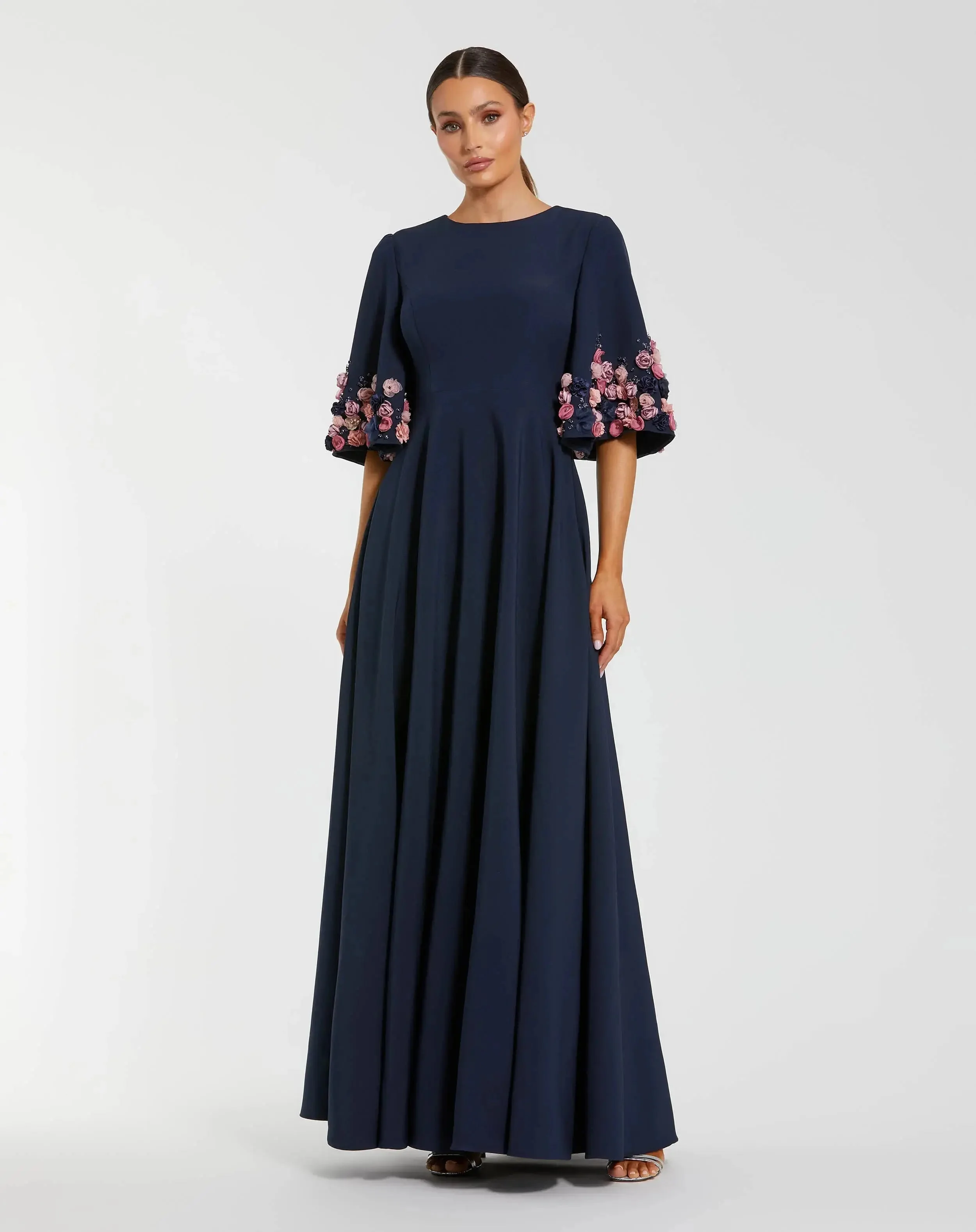 Navy Crepe 3/4 Sleeve A-line Gown With Flower Trim - 1