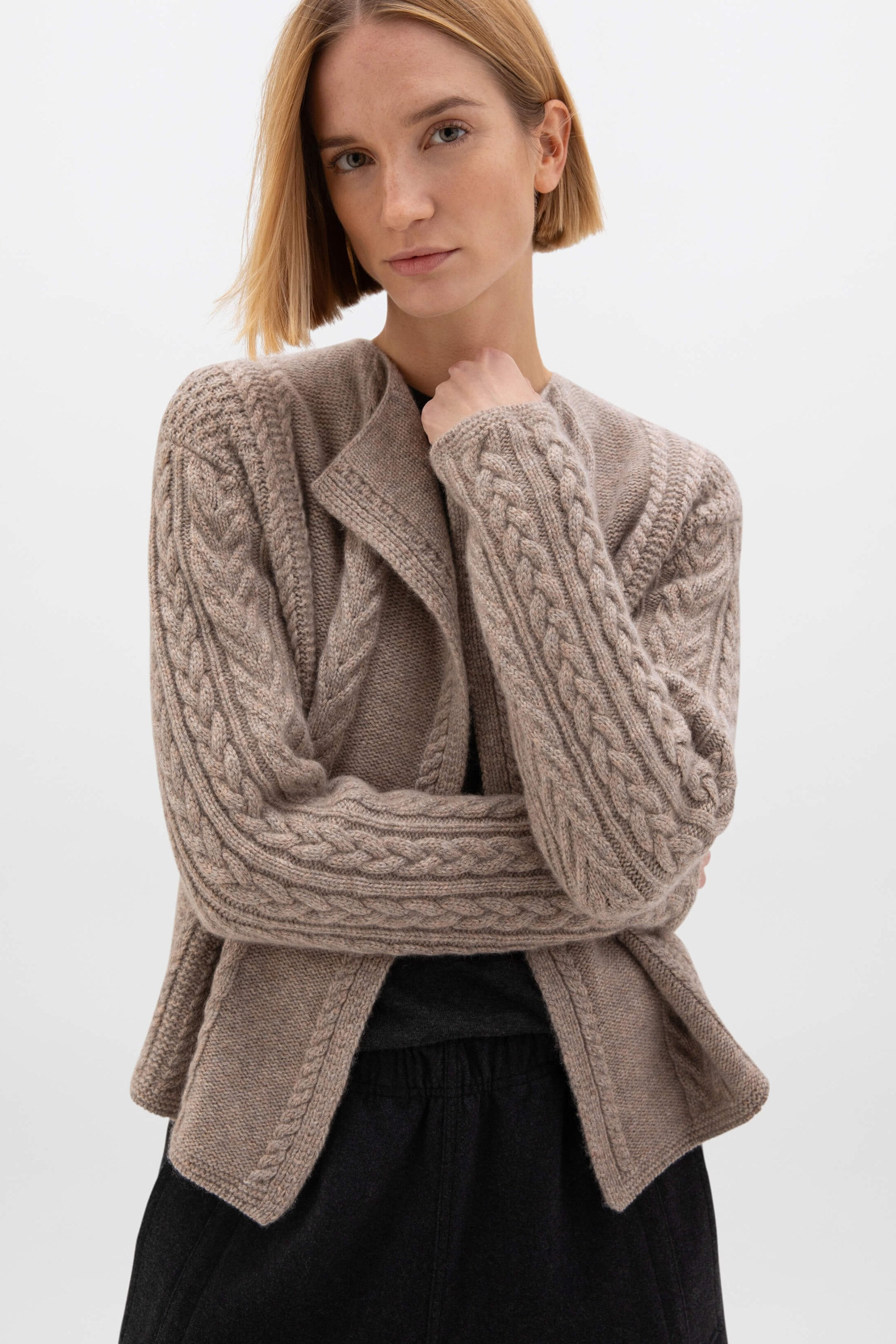 Aran Cable Cashmere Brown Waterfall Cardigan - 1