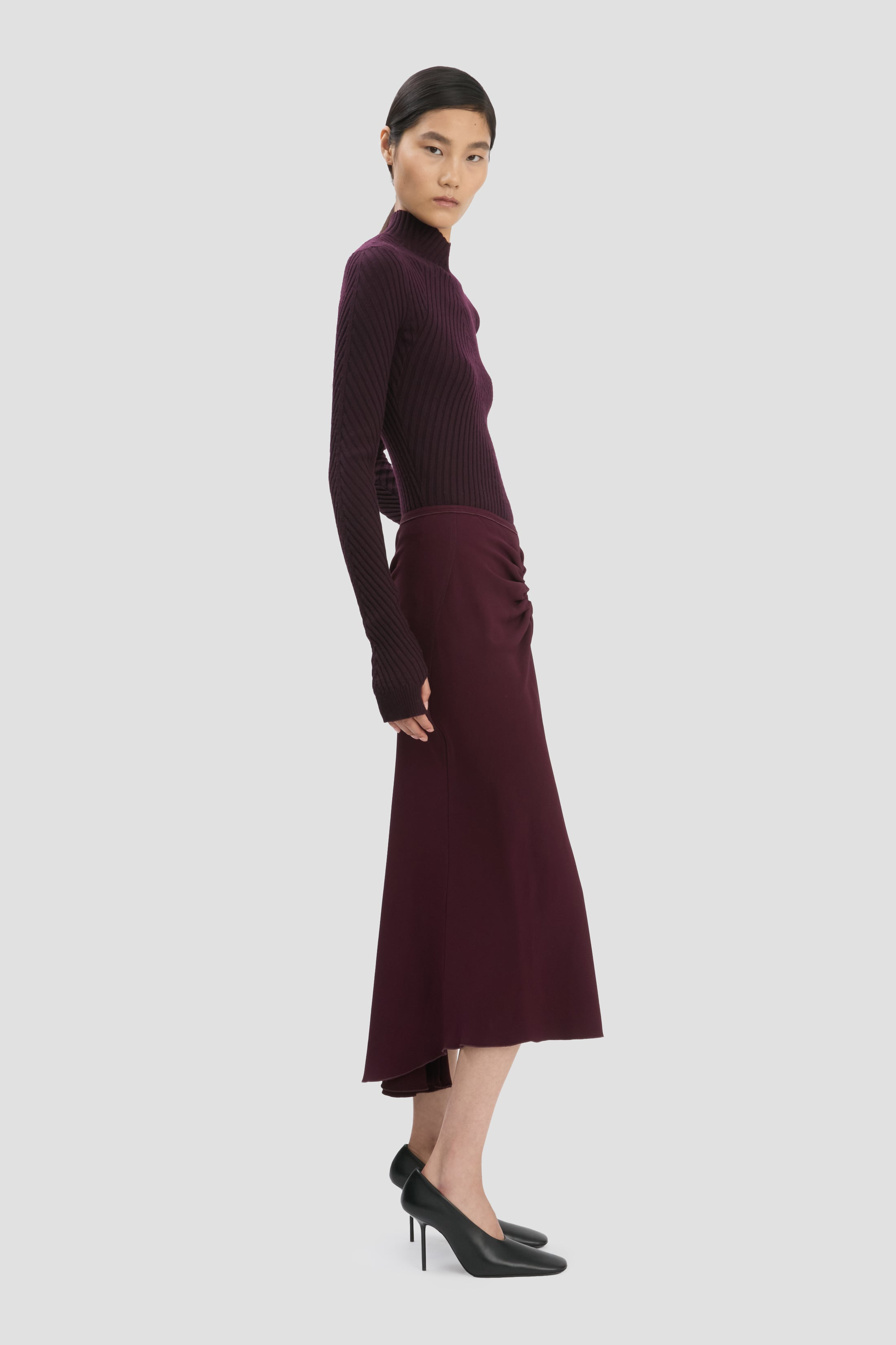 Gathered Waist Midi Skirt In Merlot - 11