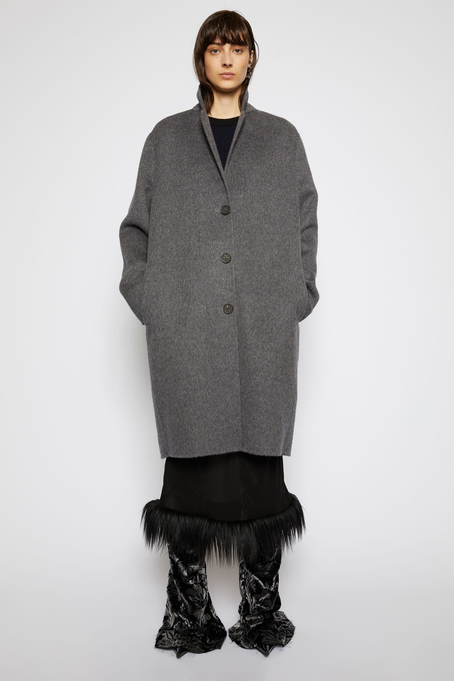 Single-breasted brushed wool coat grey melange - 2