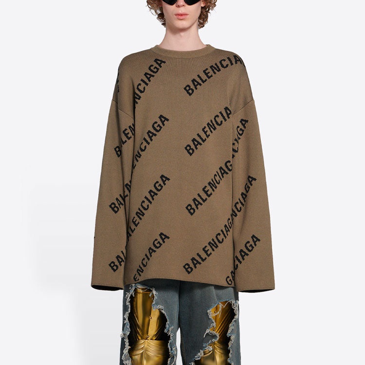 Balenciaga All Over Logo Crewneck Wool Knit Sweater 'Light Brown' 657401T32002900 - 3