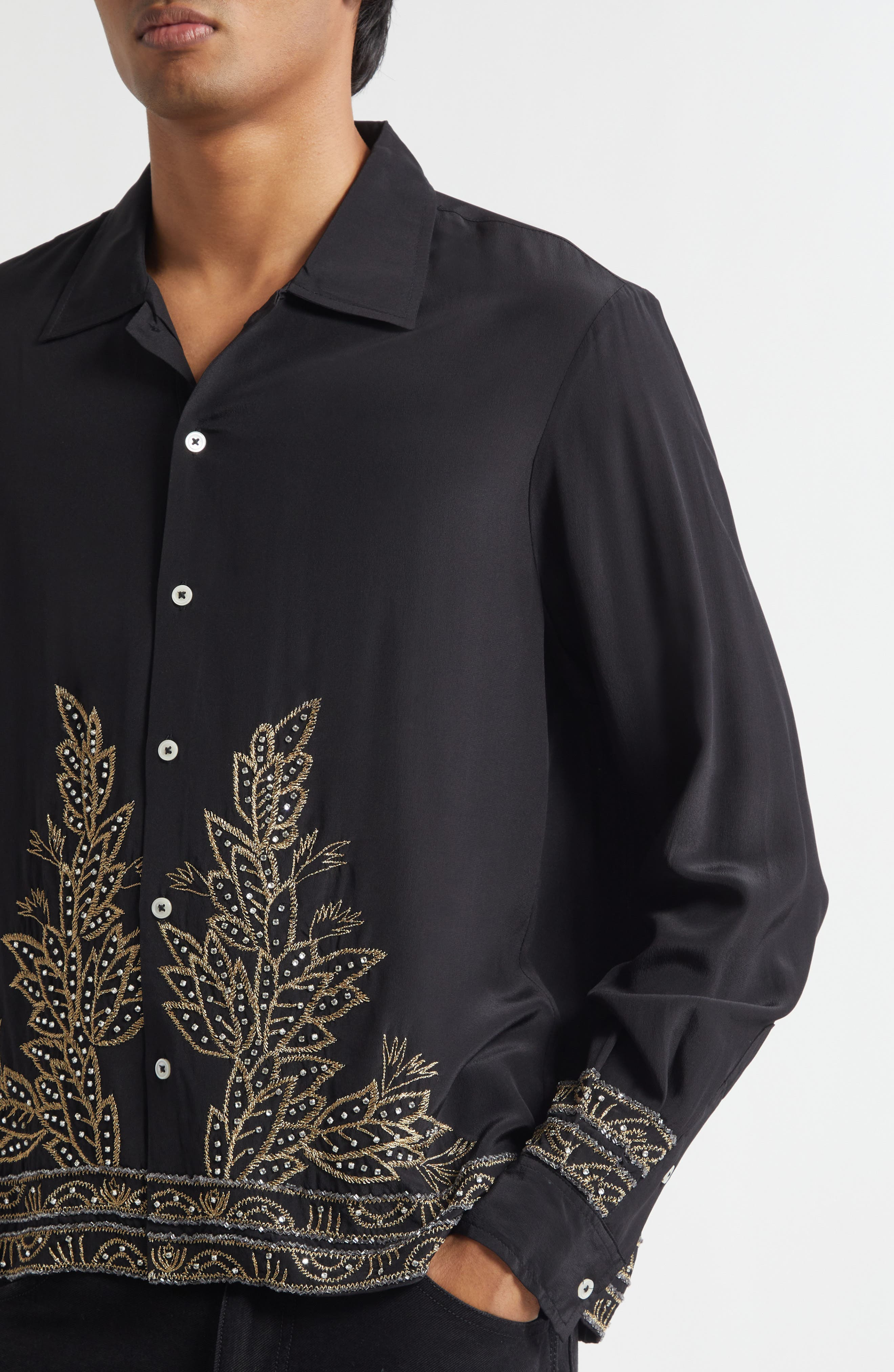 Bode Beaded Epoque Silk Button-Up Shirt in Black at Nordstrom - 4