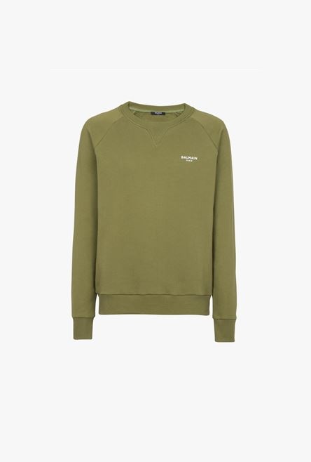 Light khaki eco-designed cotton sweatshirt with small flocked white Balmain Paris logo - 1