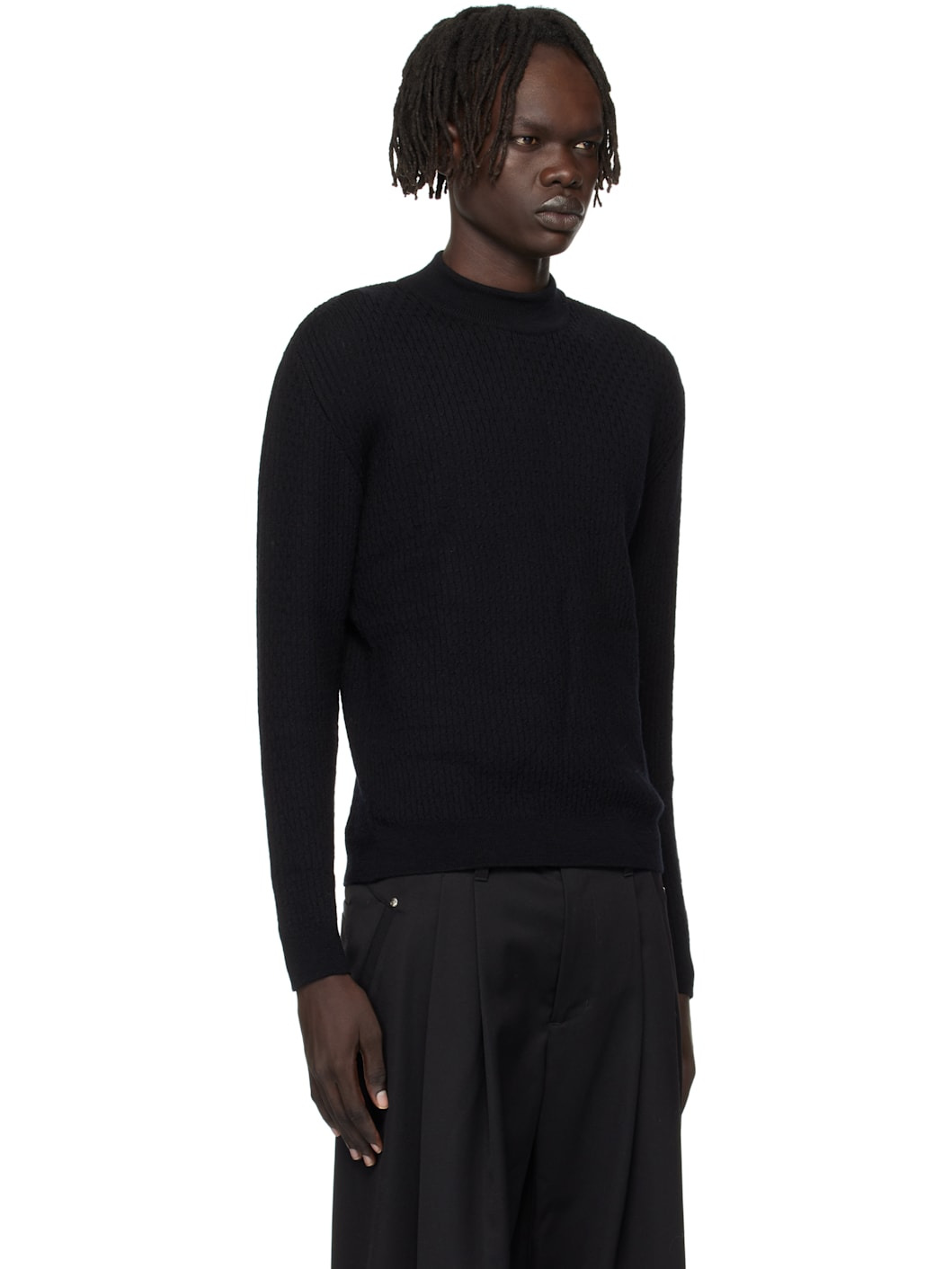 Black Mock Neck Cable-Knit Sweater - 2