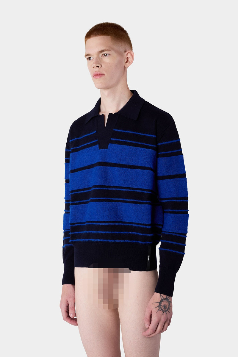 STRIPED KNIT LONSGLEEVE POLO / 진한 파란색 및 전기 파란색 - 1