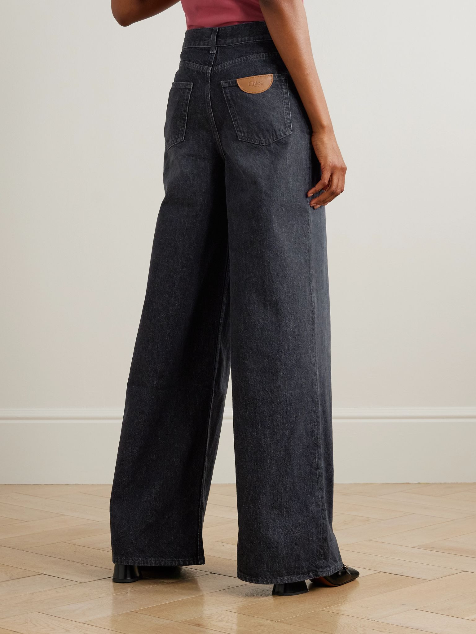 Leather-trimmed high-rise wide-leg jeans Black - 4