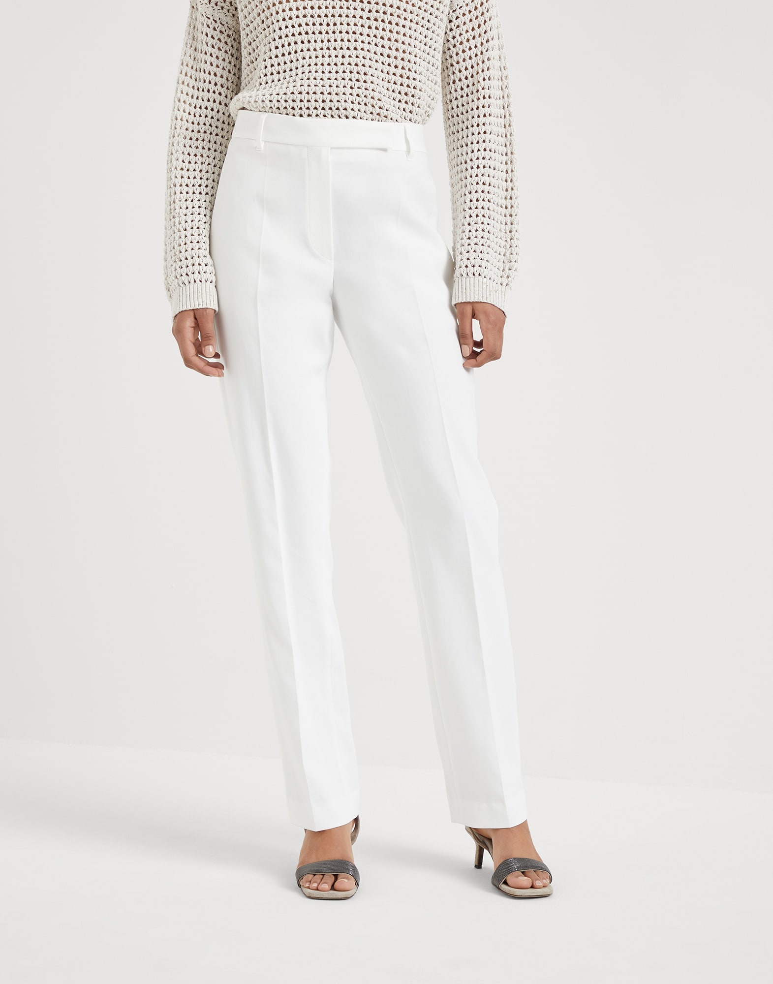 Crêpe cotton double twill cigarette trousers with monili - 1