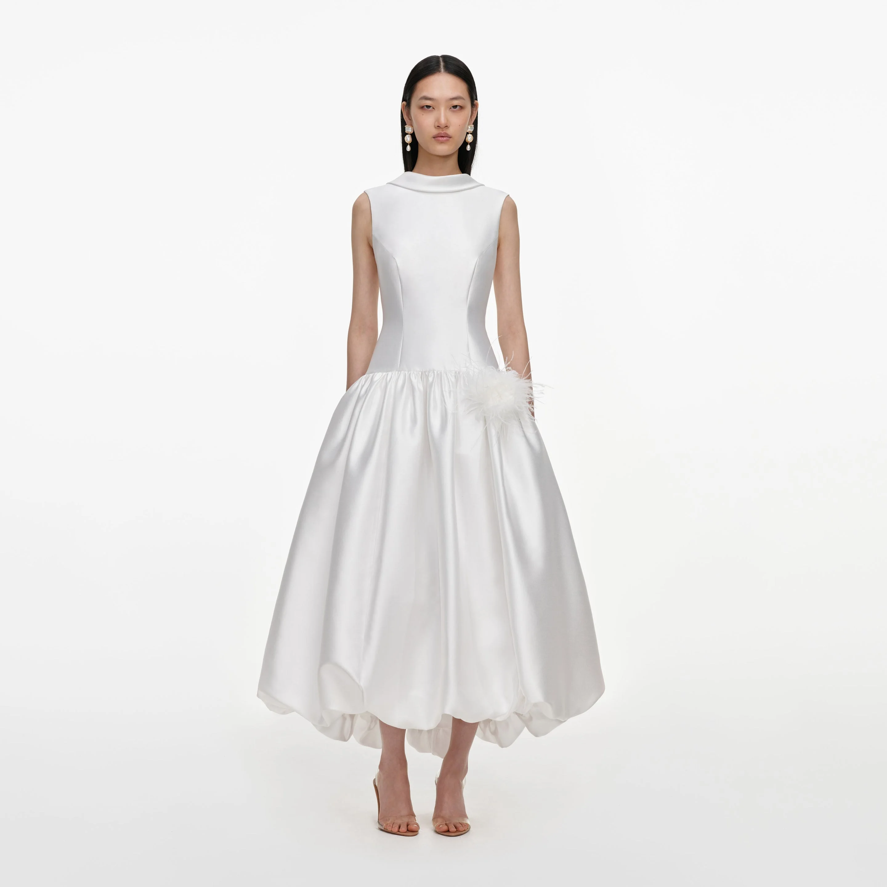 White Taffeta Bubble Hem Midi Dress - 1
