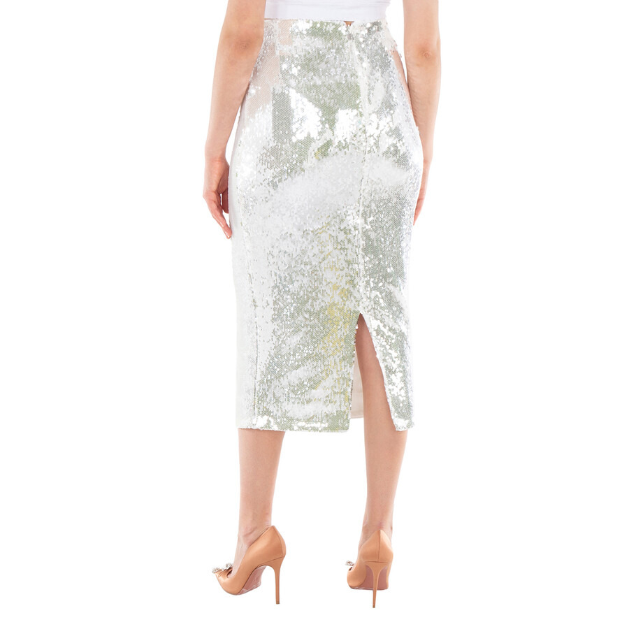 Rotate Ladies Bright White Sequined Midi Pencil Skirt - 4