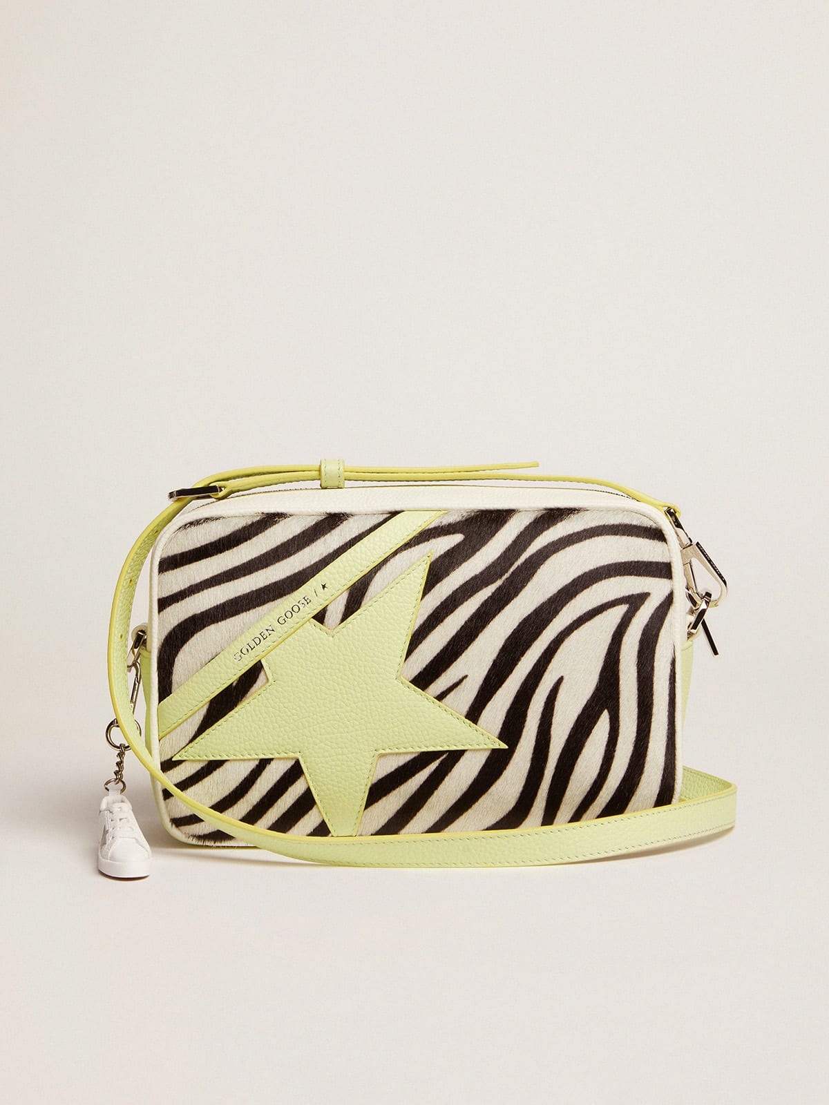 Star Bag in white and lime hammered leather with zebra-print pony skin insert and lime-colored leath - 1
