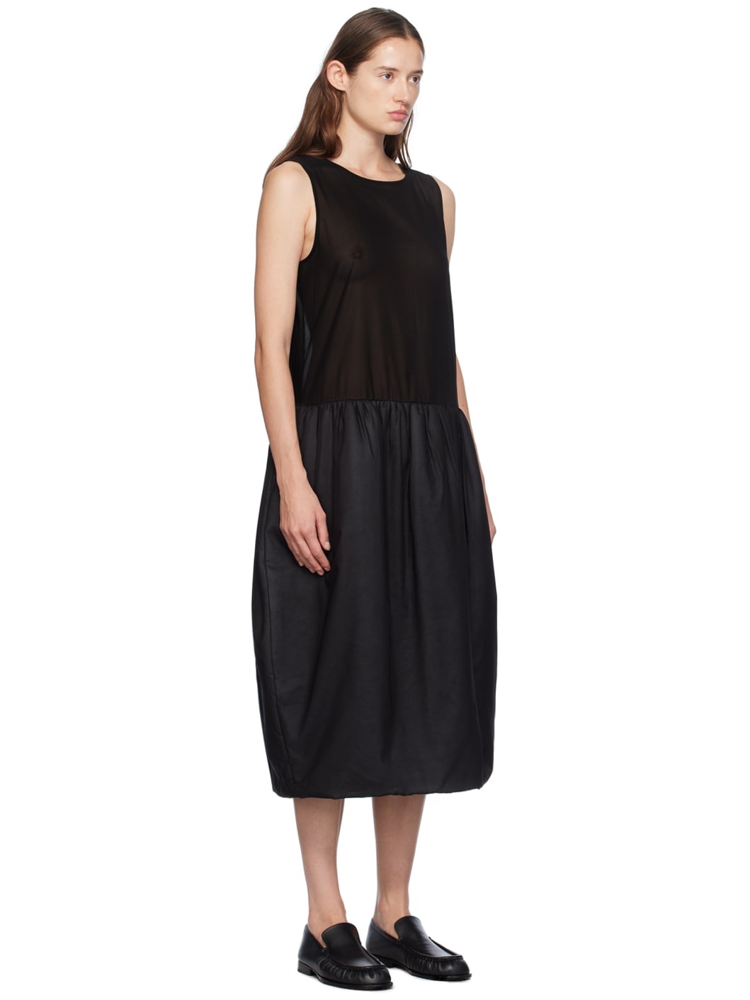 Black Sheer Padded Balloon Midi Dress - 2