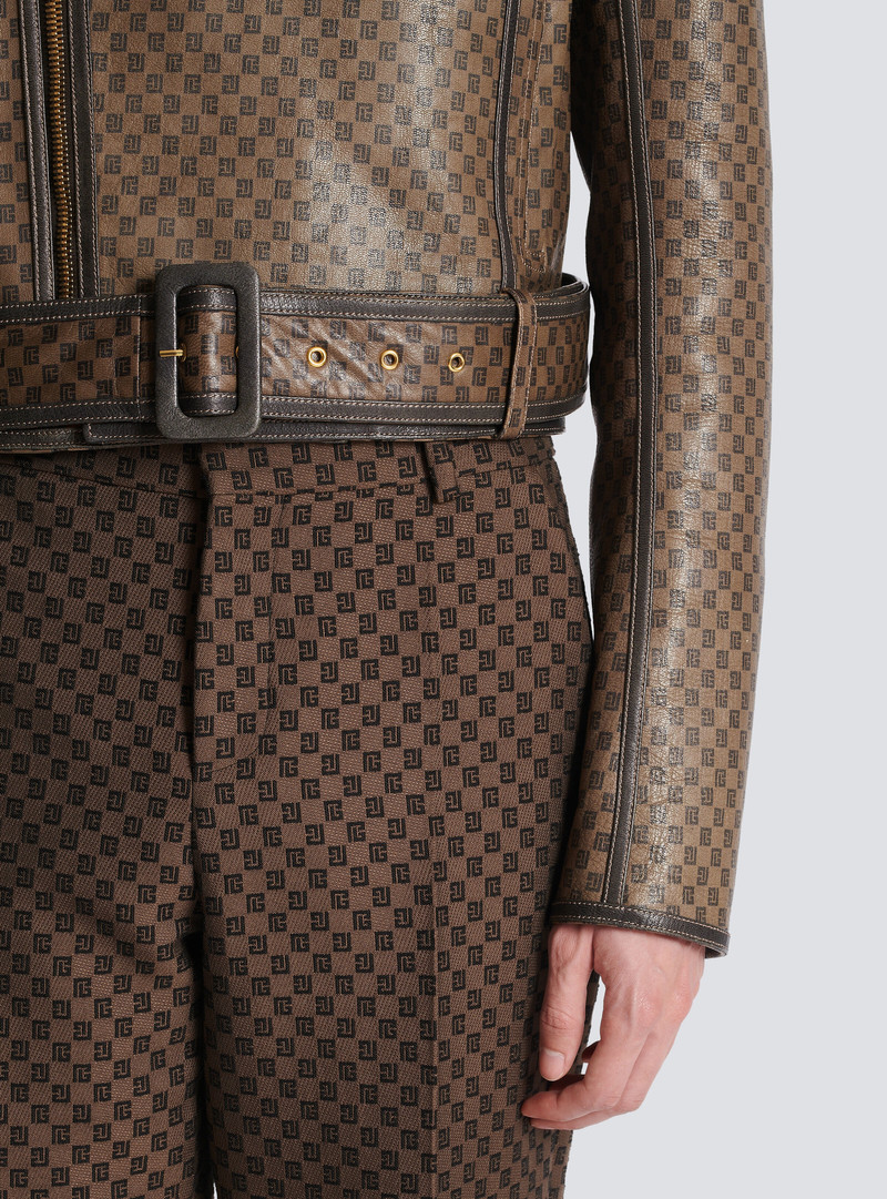 Leather biker jacket with mini monogram print 8