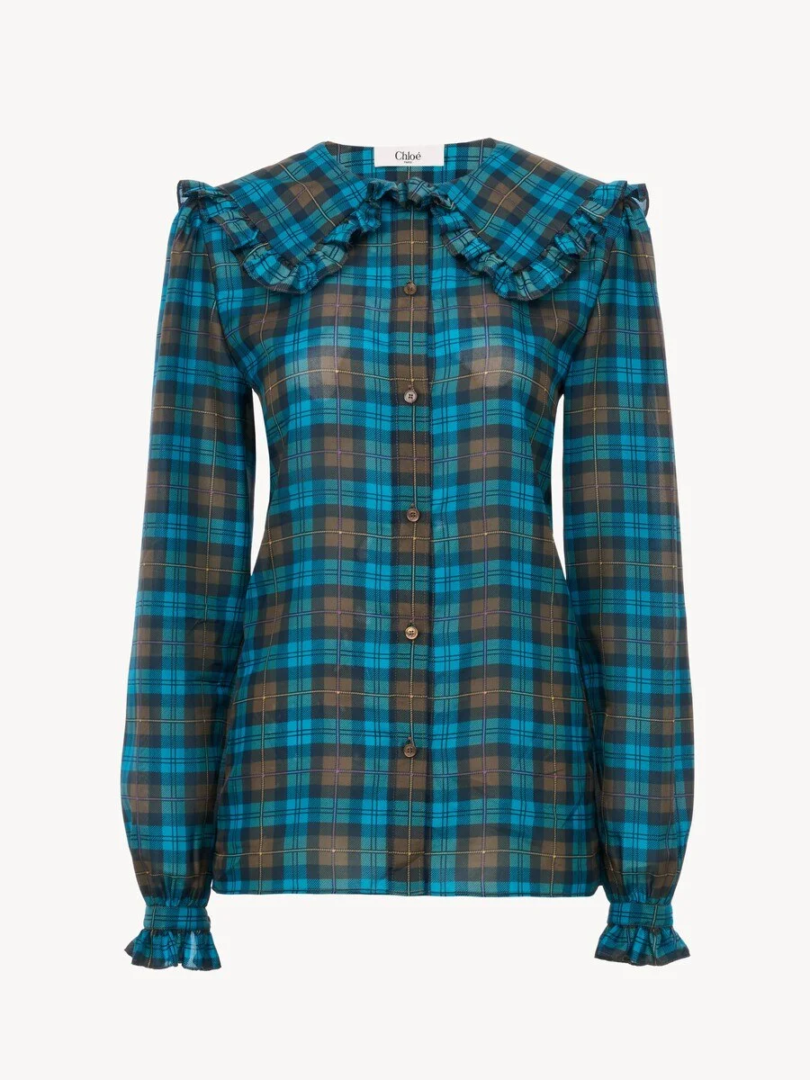 RUFFLED LAVALLIÈRE BLOUSE IN CHECK SILK HABOTAI - 1
