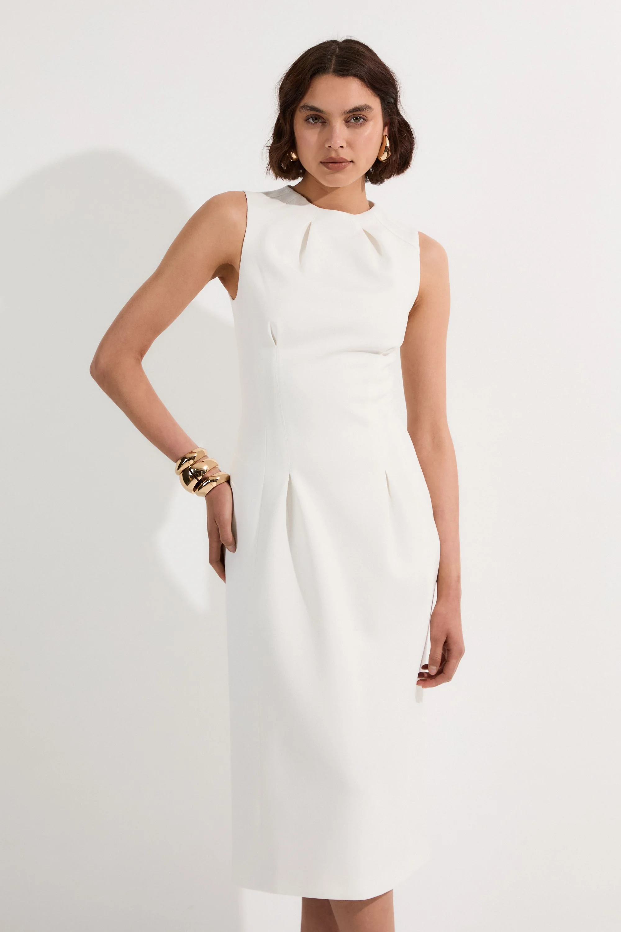 Structured Crepe Sleeveless Tailored Pencil Midi Dress - 1