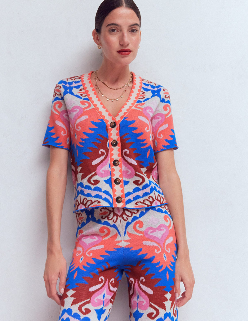 Short Sleeve Jacquard Cardigan-Aztec 7