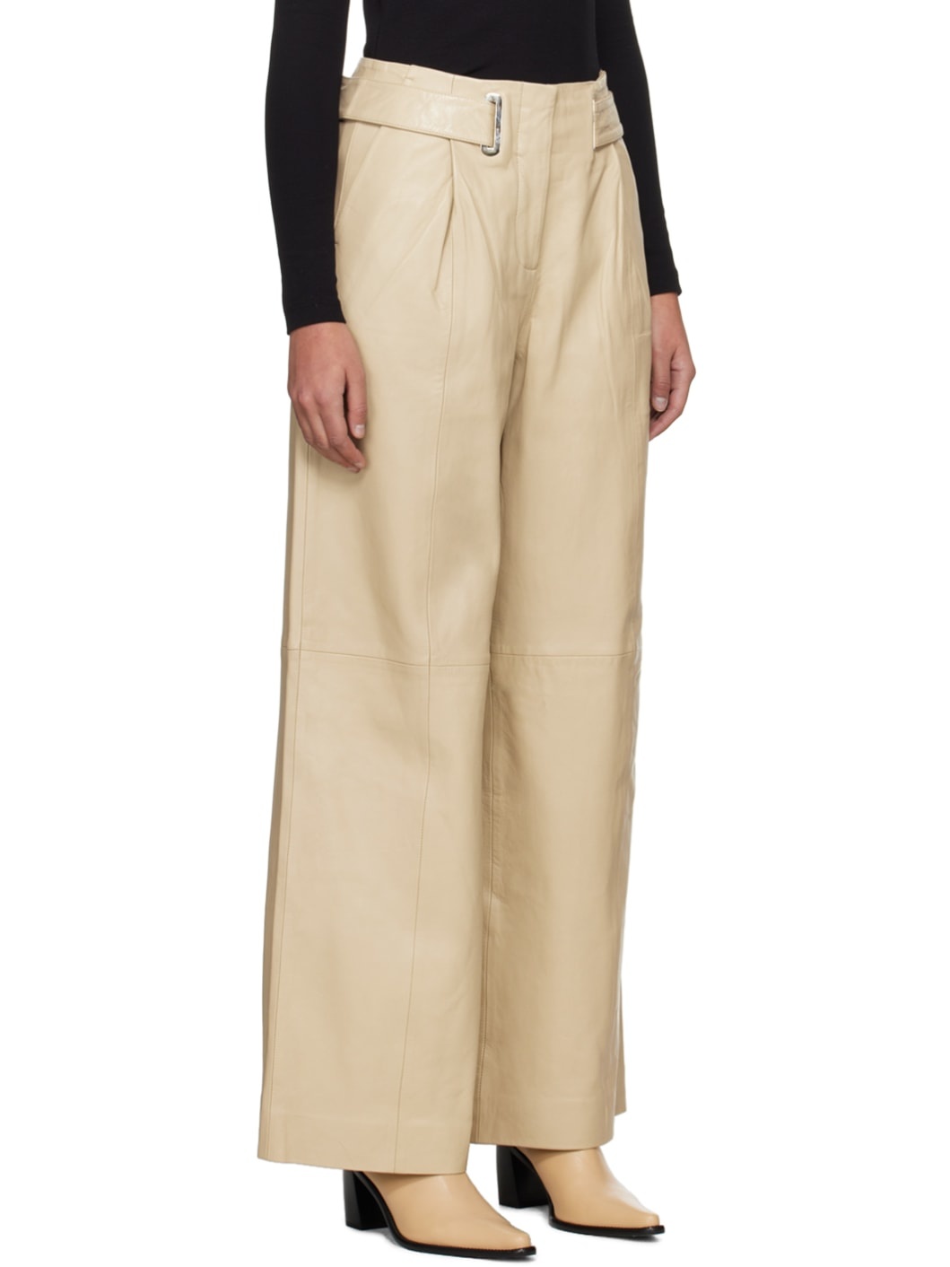 Beige Eyelet Leather Pants - 2